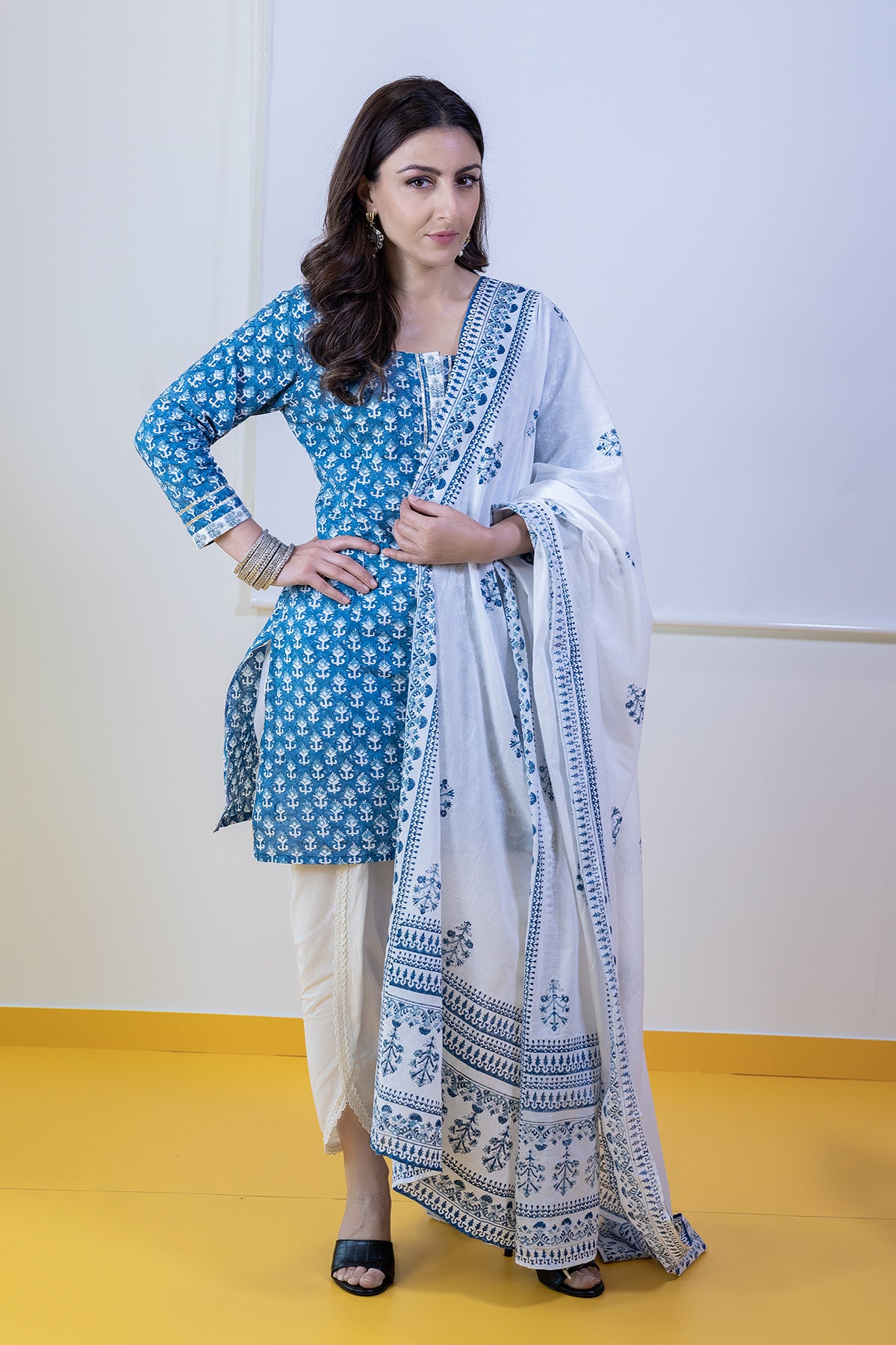 Soha Ali Khan in Indigo Hand Block Printed Sharara Set