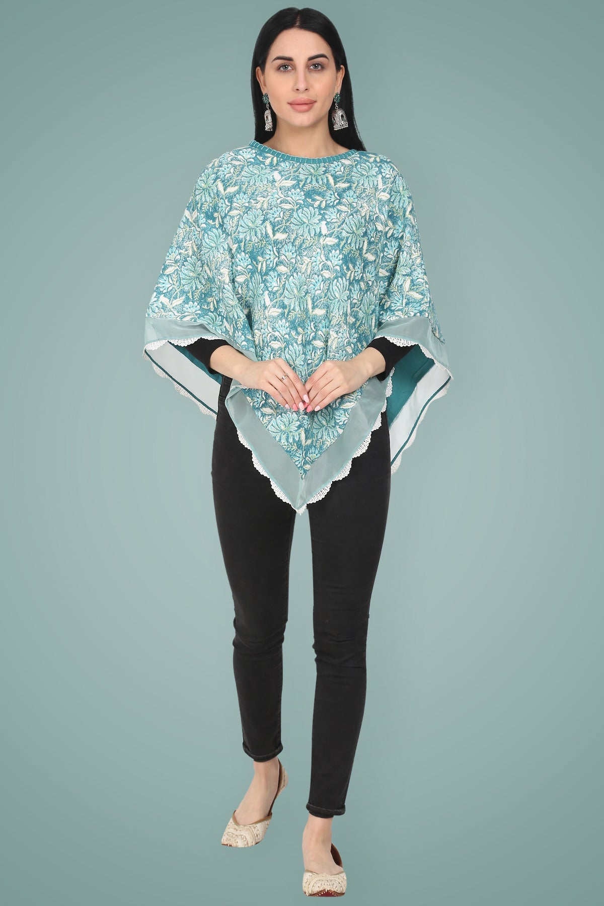 Sea Green Hand Block Printed Winter Poncho