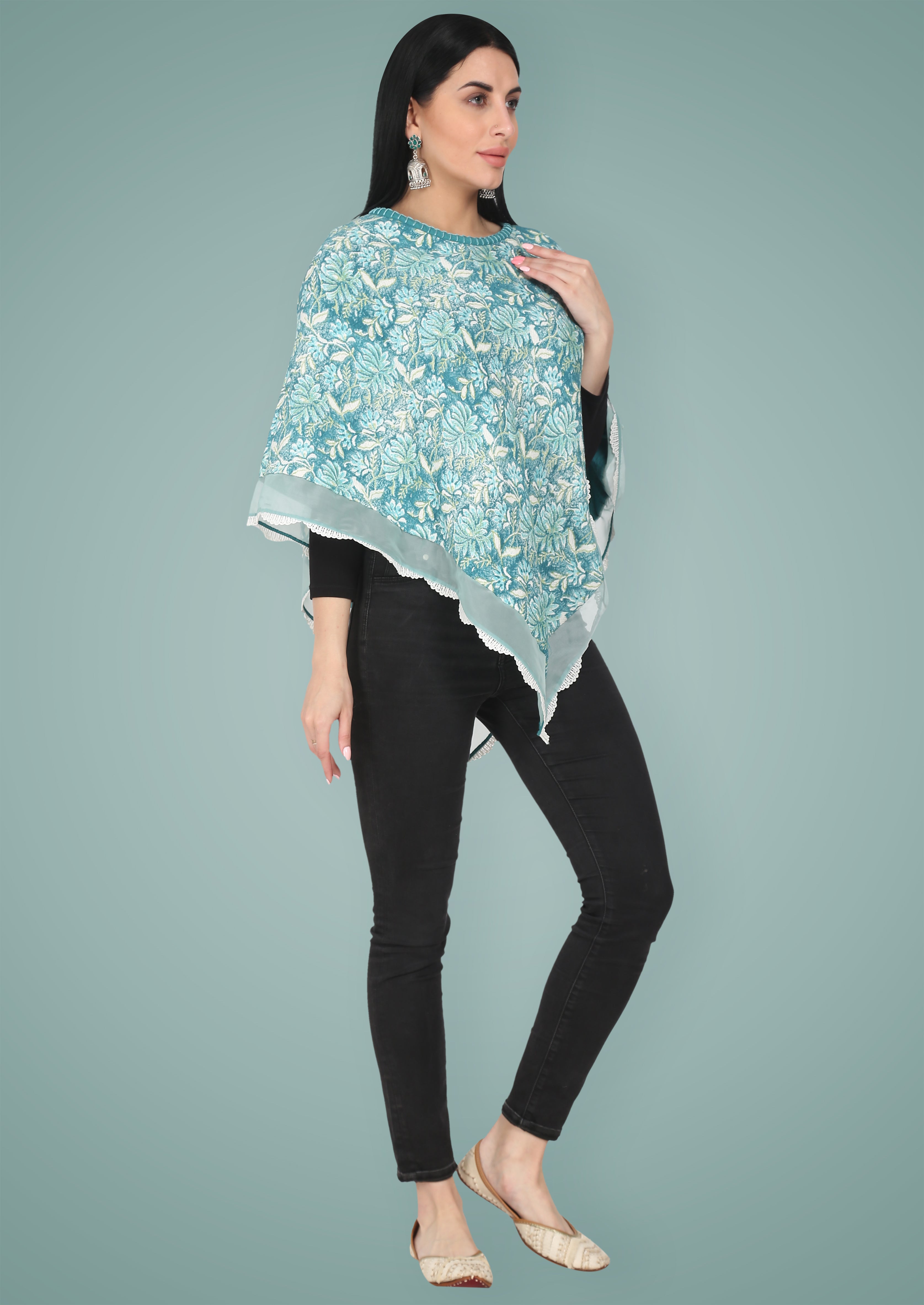 Sea Green Hand Block Printed Winter Poncho