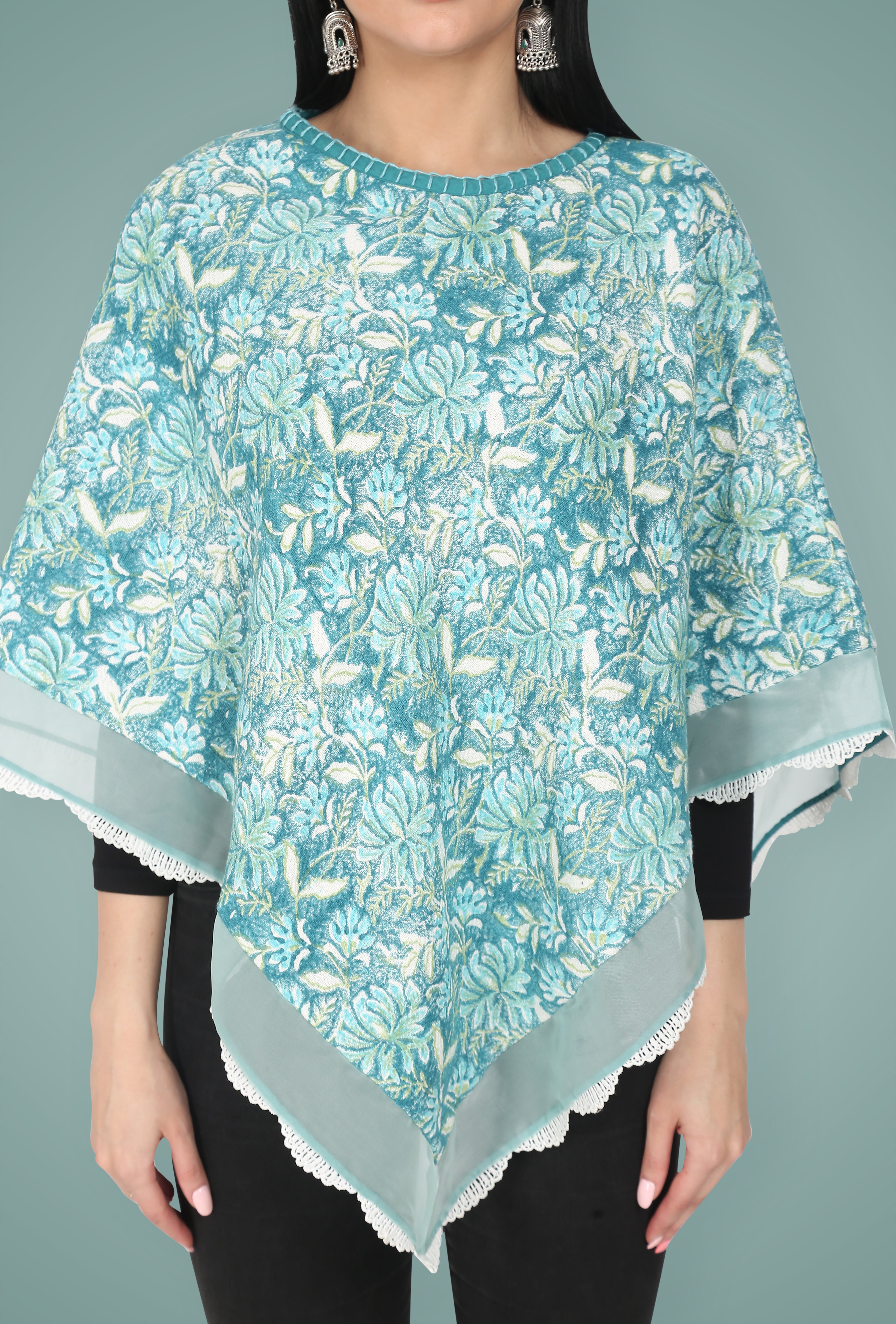 Sea Green Hand Block Printed Winter Poncho