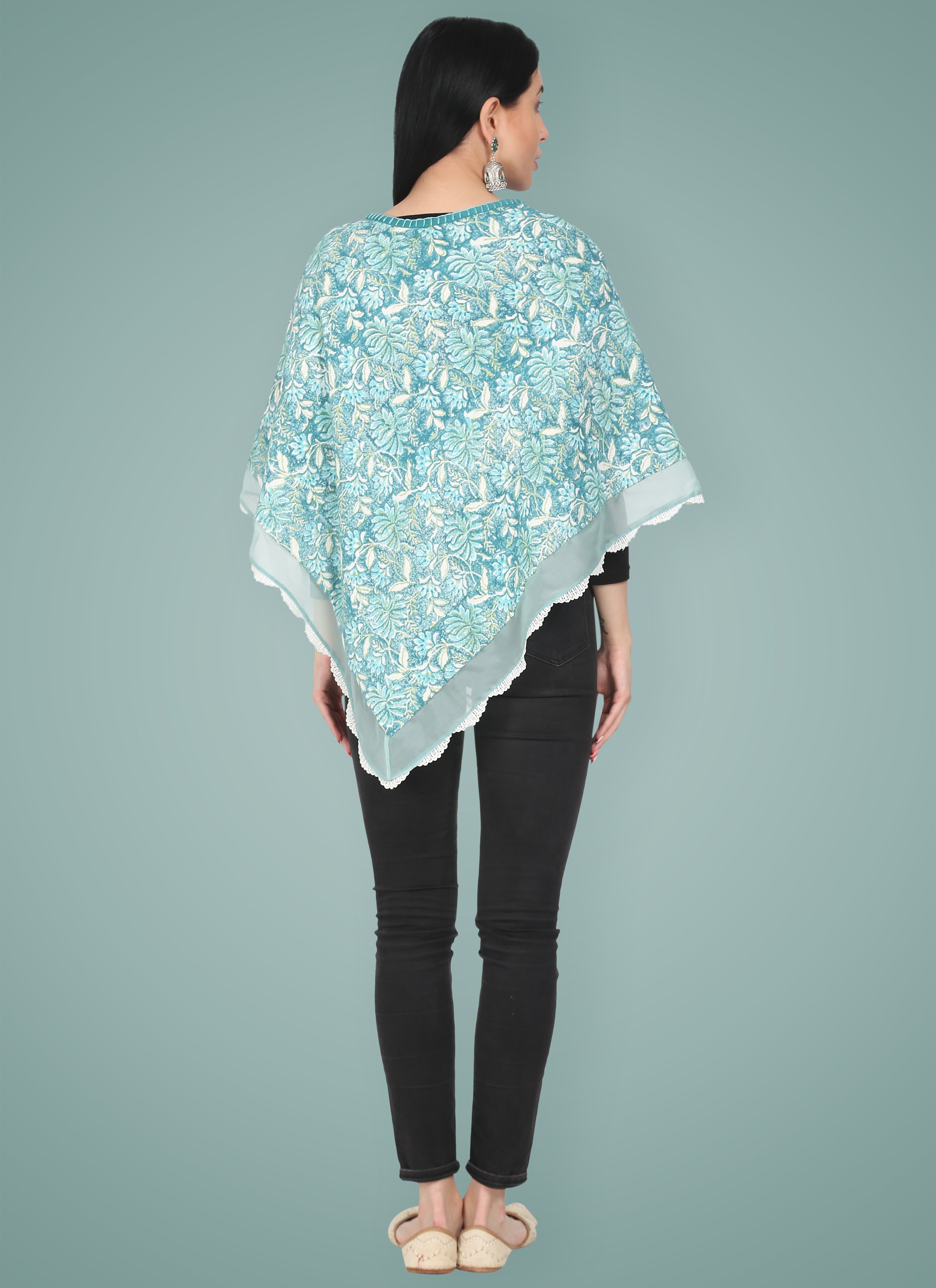 Sea Green Hand Block Printed Winter Poncho