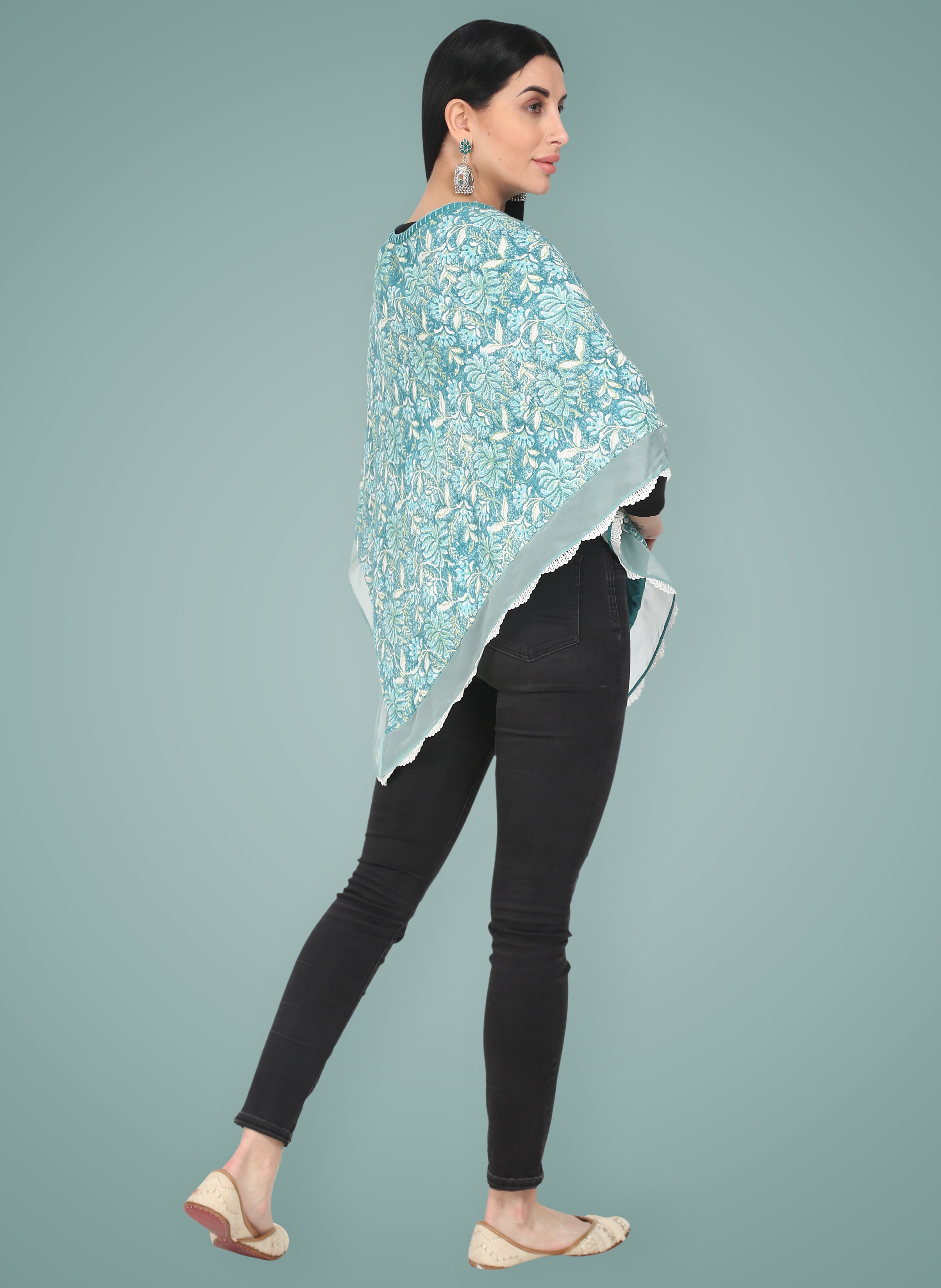 Sea Green Hand Block Printed Winter Poncho
