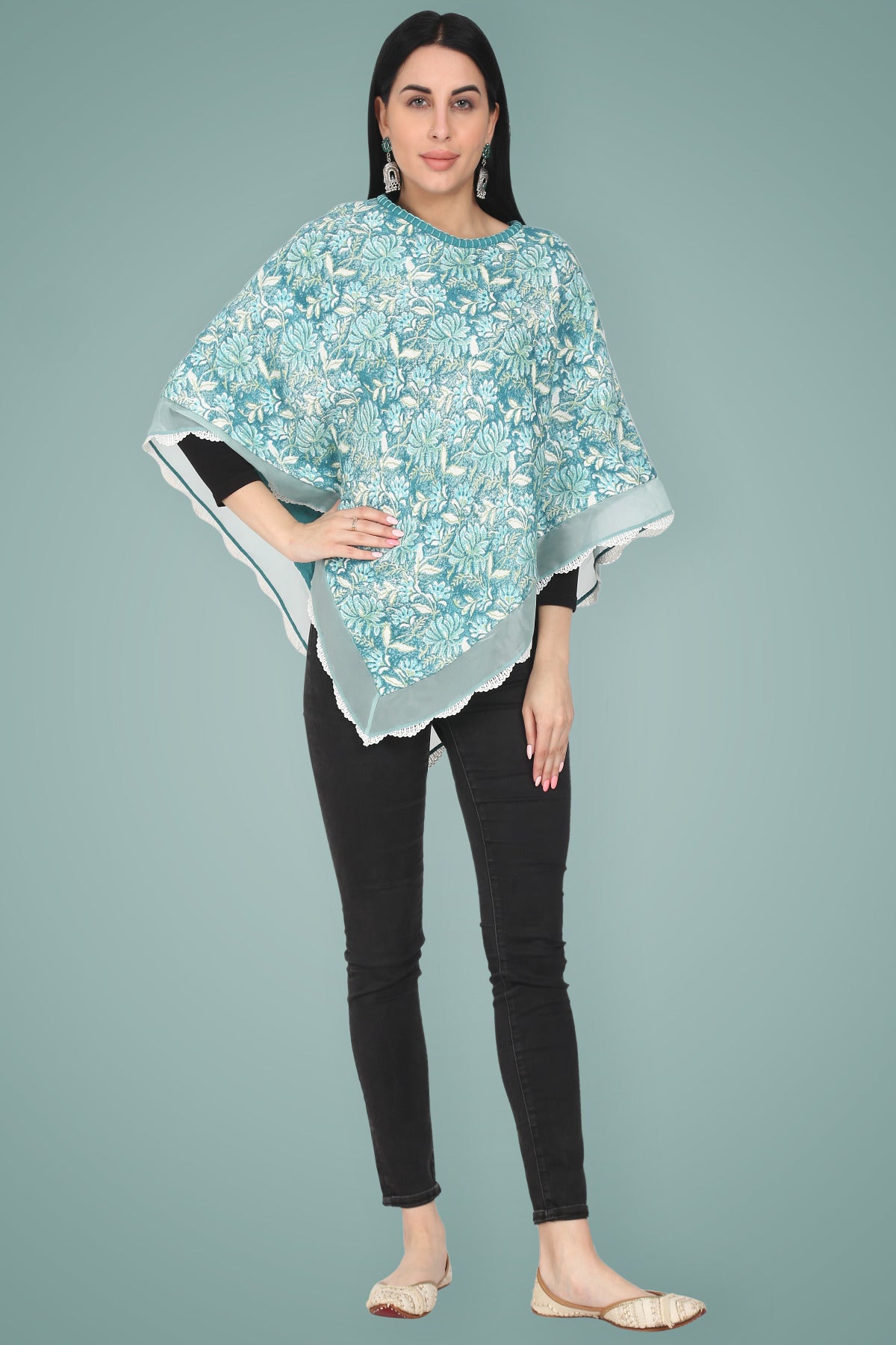 Sea Green Hand Block Printed Winter Poncho