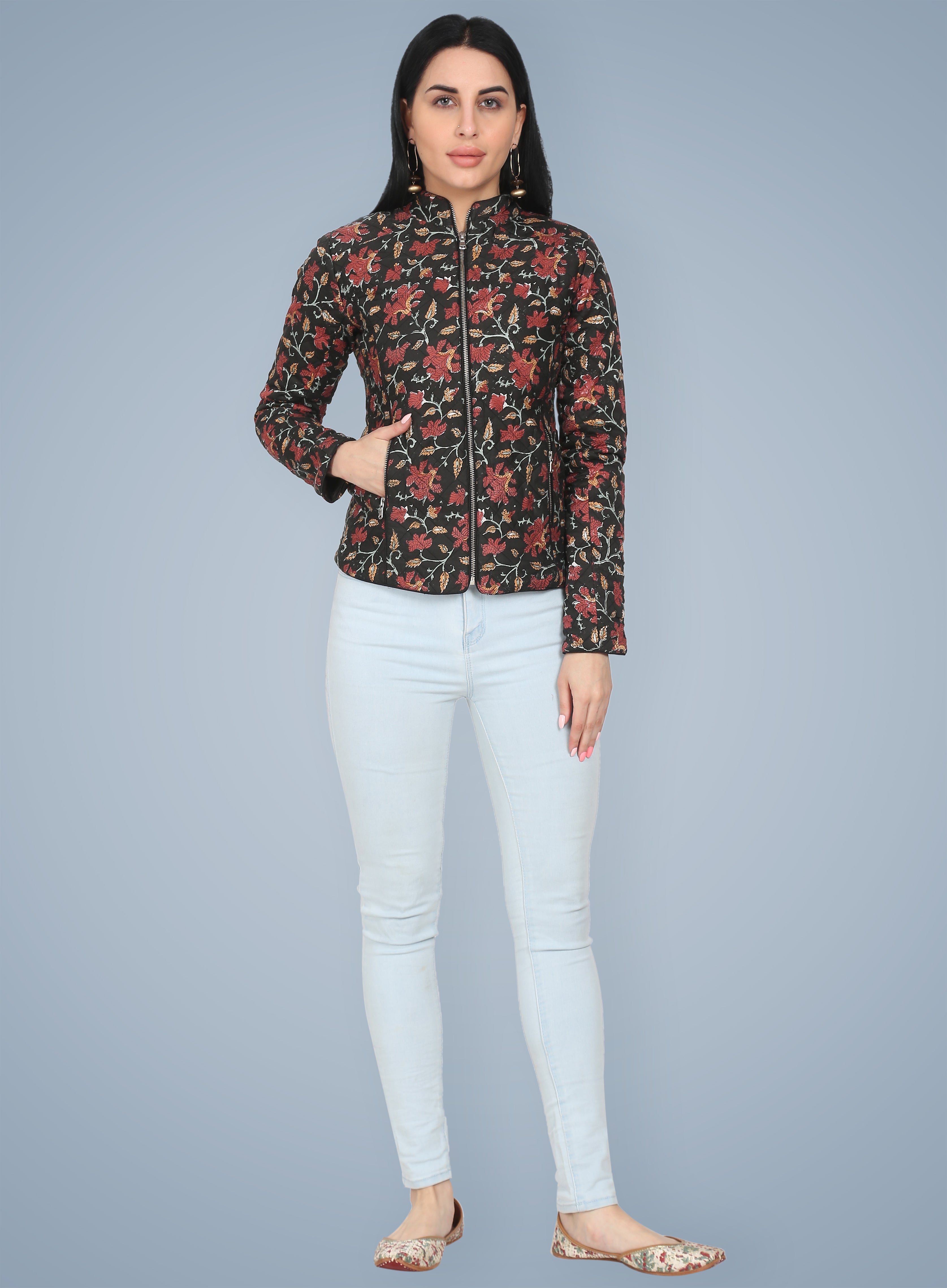 Black Silk Hand Block Printed Winter Jacket