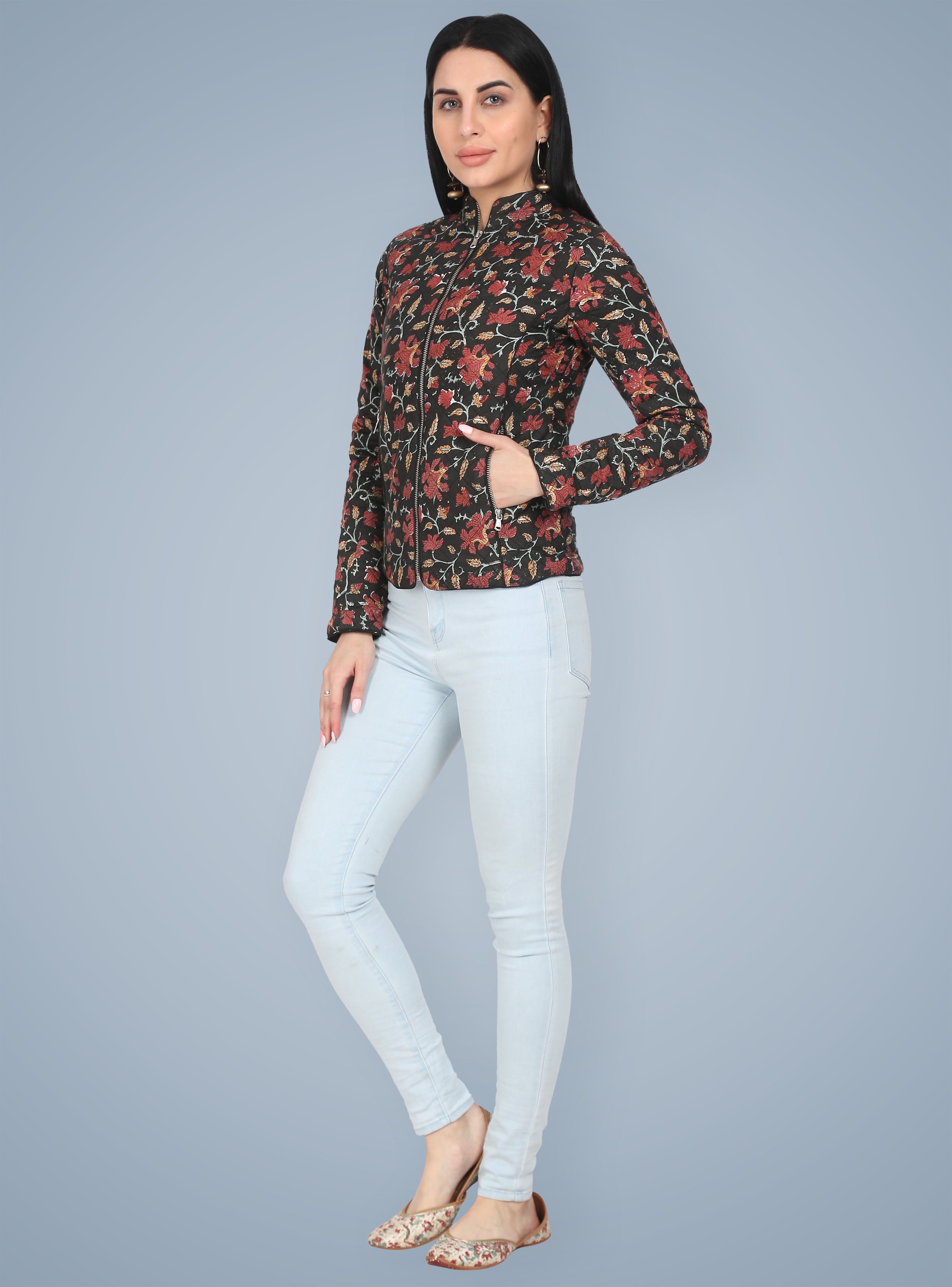 Black Silk Hand Block Printed Winter Jacket