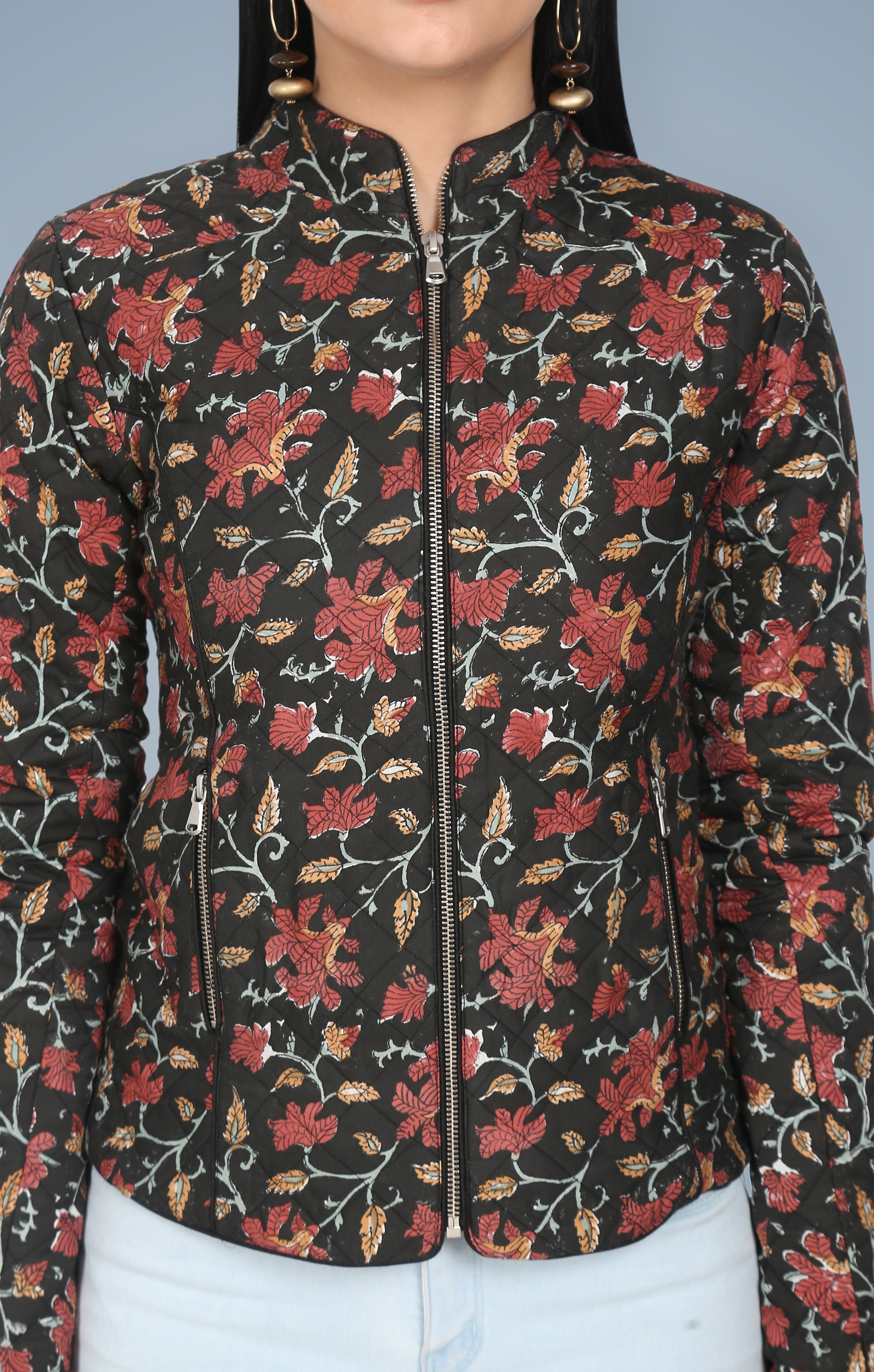 Black Silk Hand Block Printed Winter Jacket