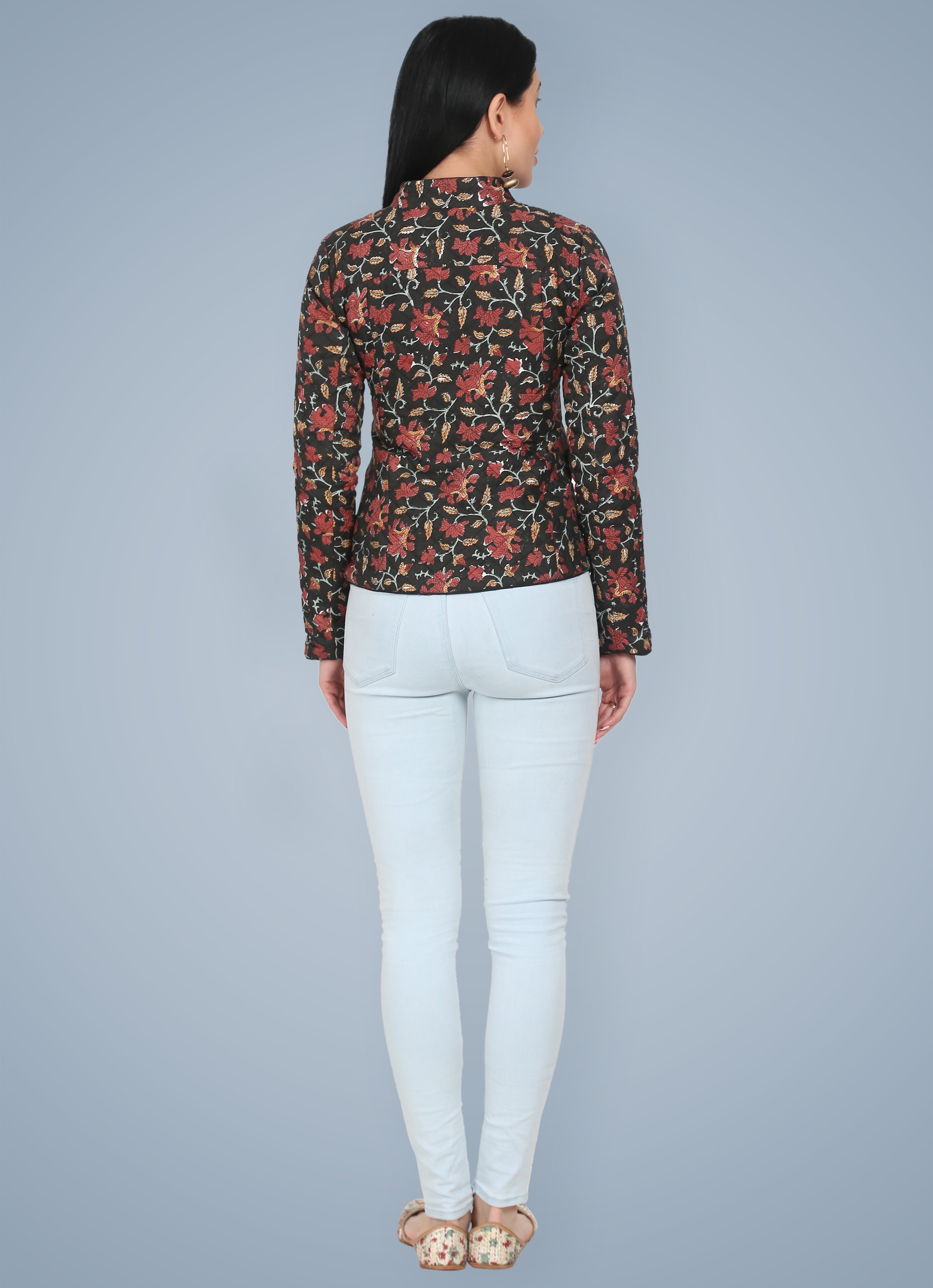 Black Silk Hand Block Printed Winter Jacket