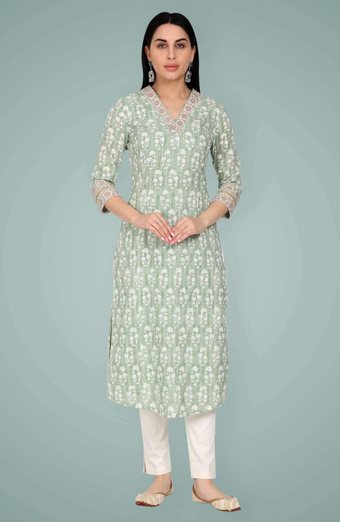 Sage Green Block Printed & Embroidered Cotton Kurta