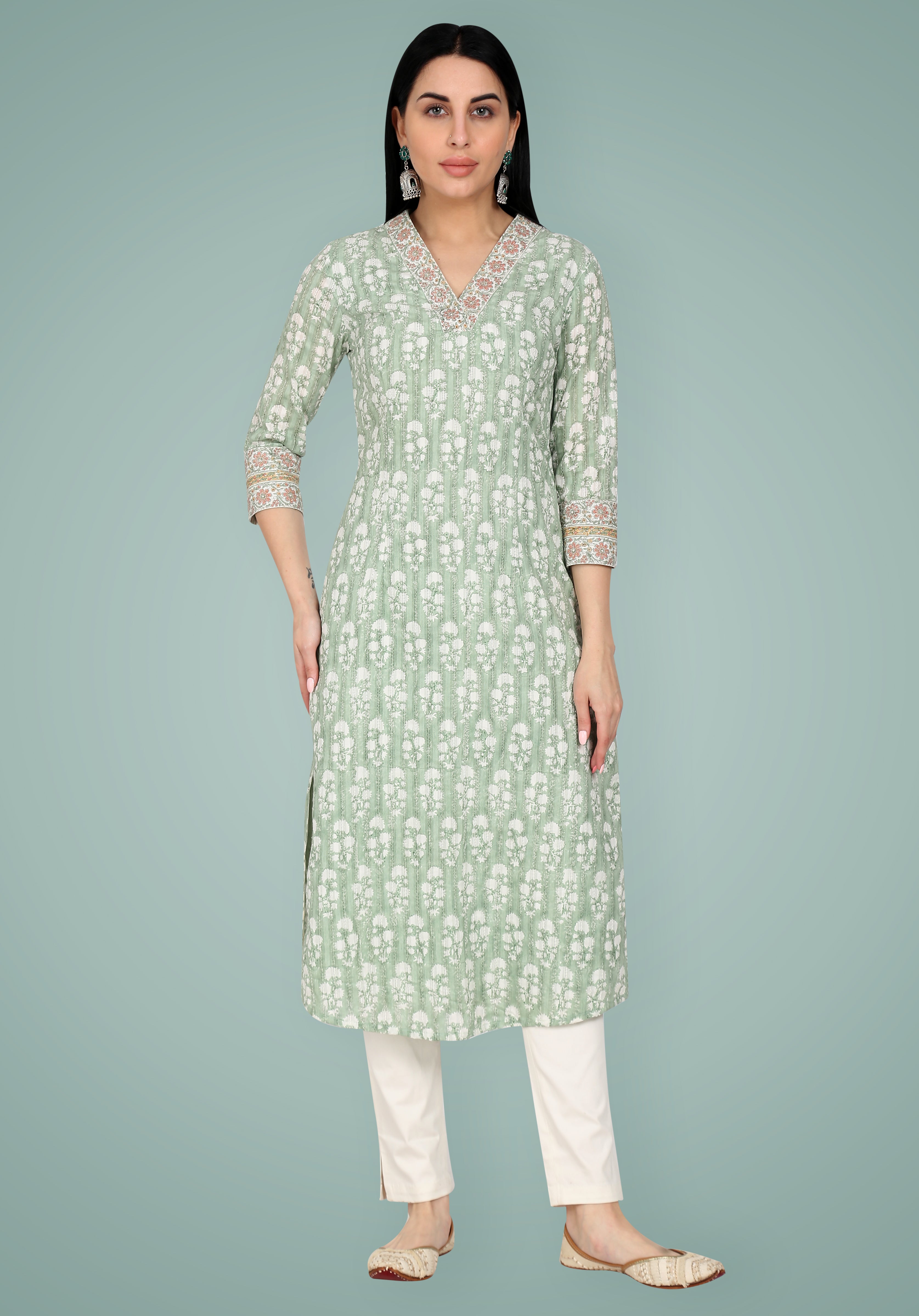 Sage Green Block Printed & Embroidered Cotton Kurta