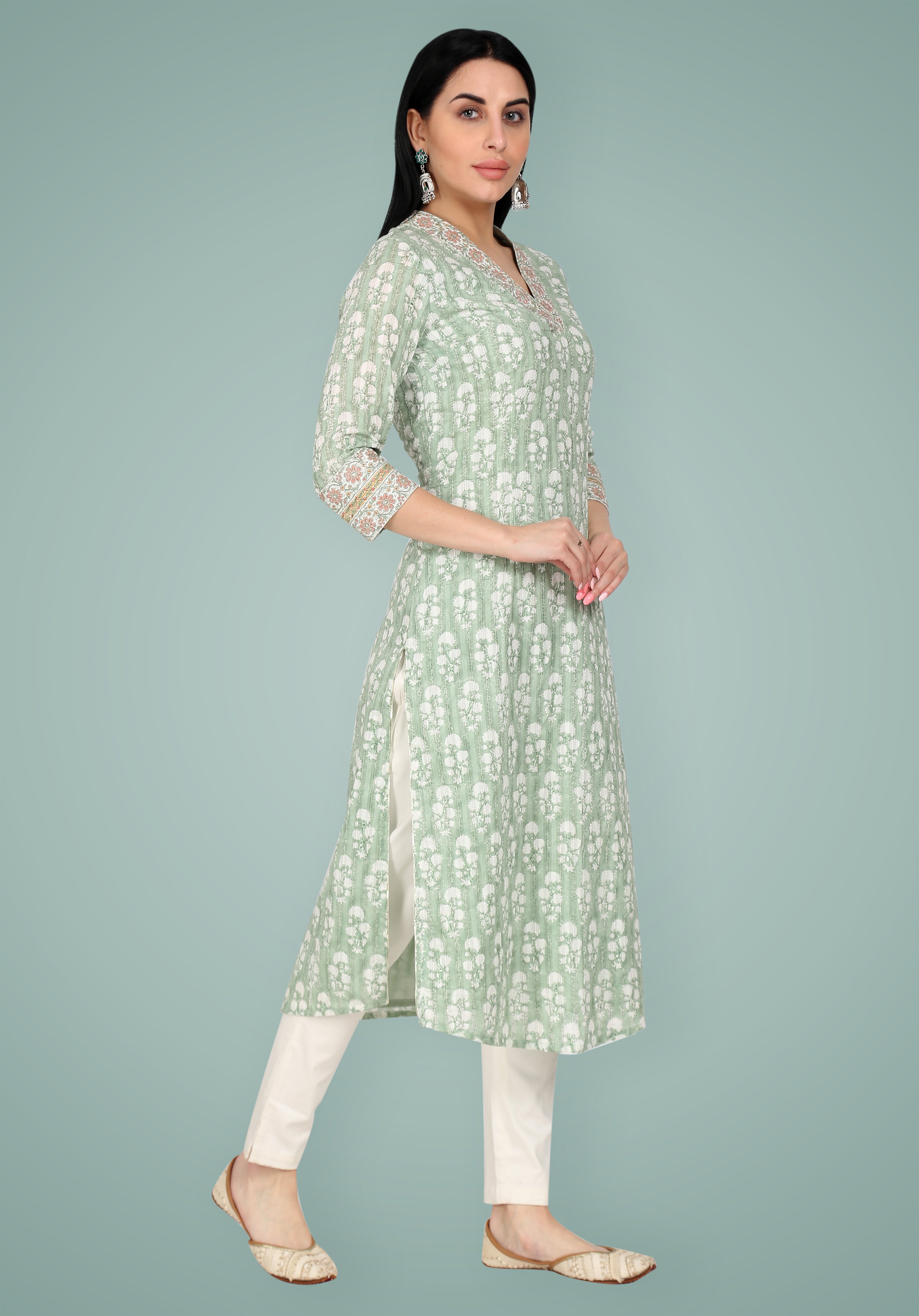 Sage Green Block Printed & Embroidered Cotton Kurta