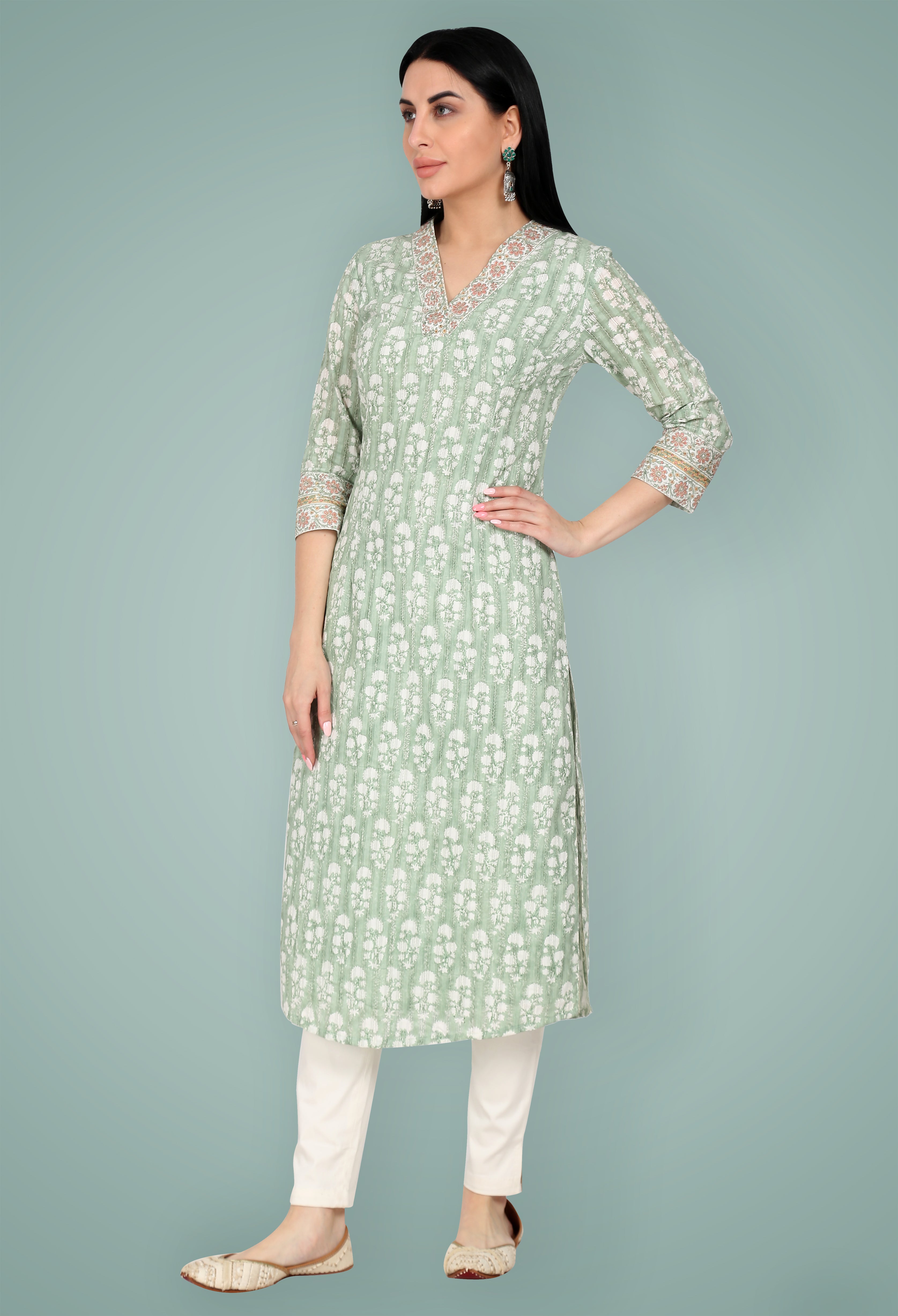 Sage Green Block Printed & Embroidered Cotton Kurta