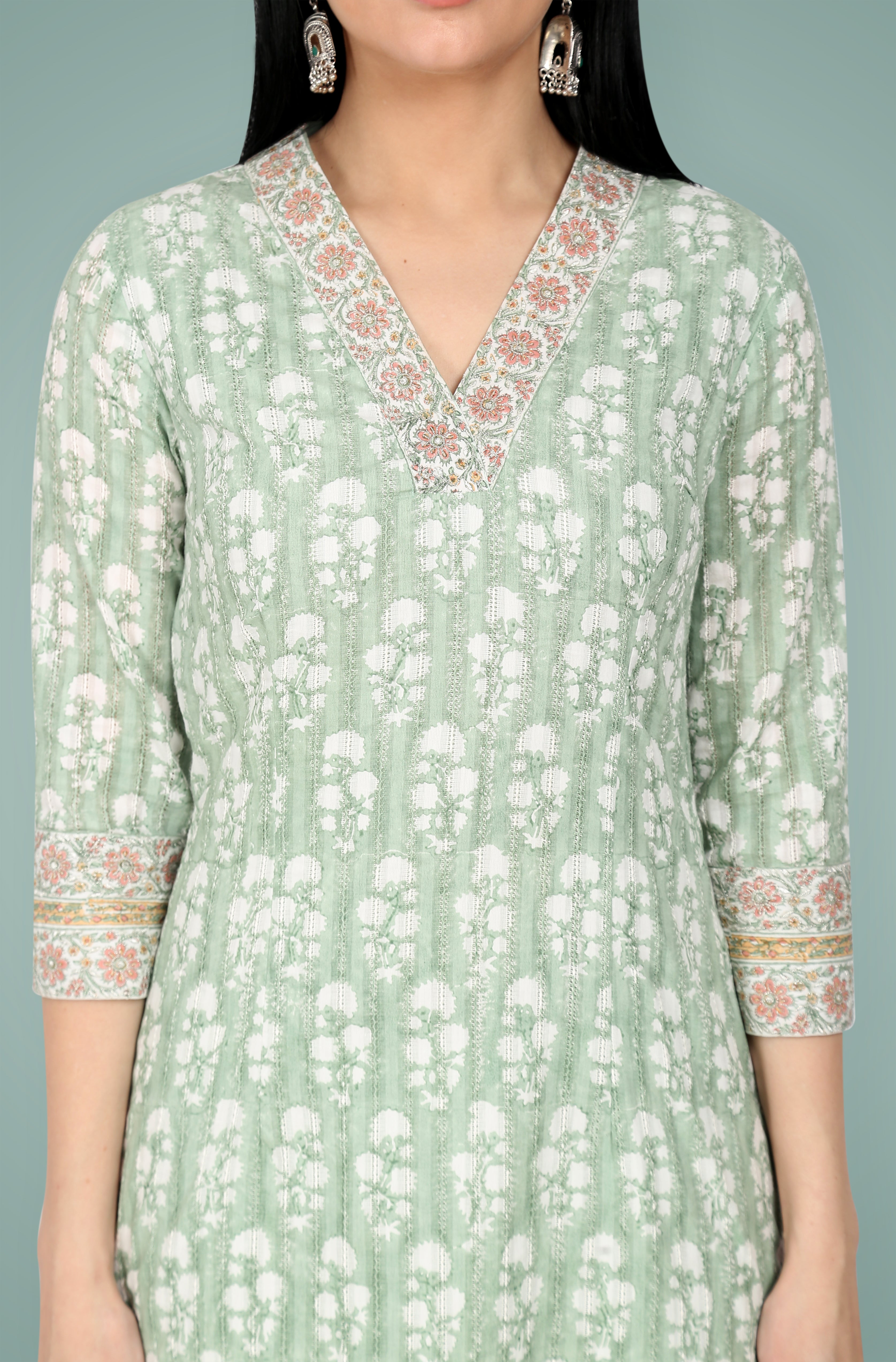 Sage Green Block Printed & Embroidered Cotton Kurta