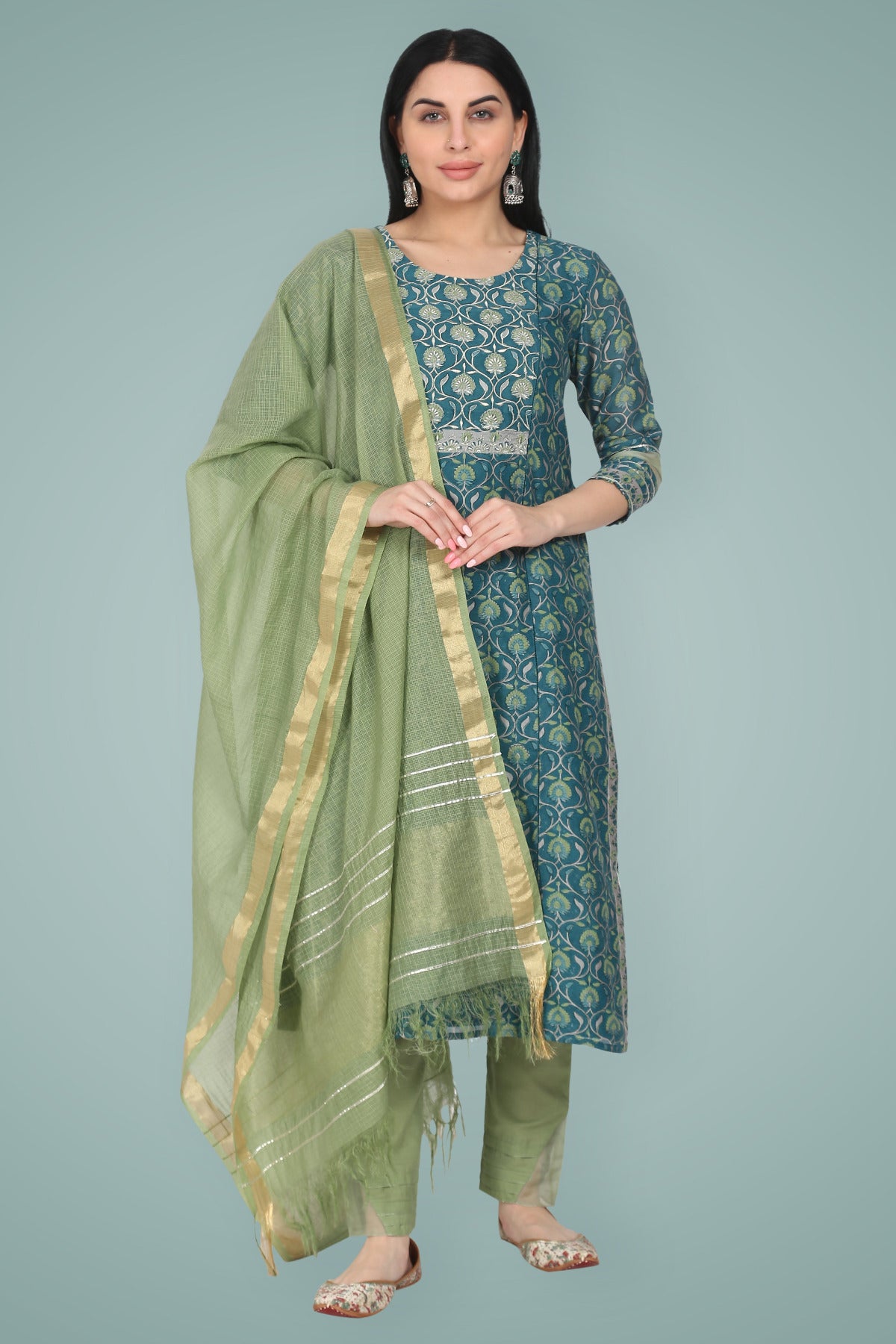 Turquoise Green Silk Chanderi Embroidered Suit Set