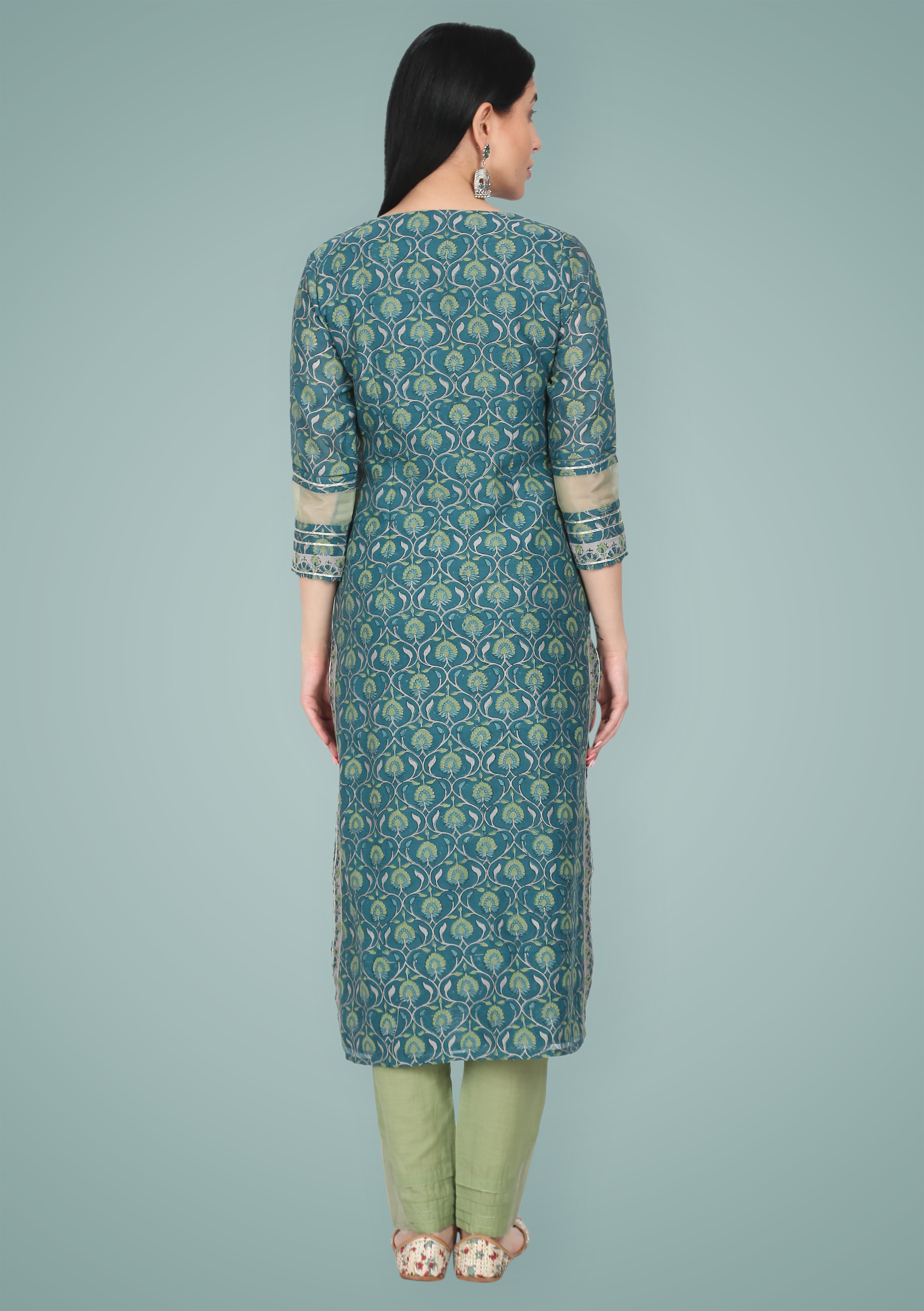 Turquoise Green Silk Chanderi Embroidered Suit Set