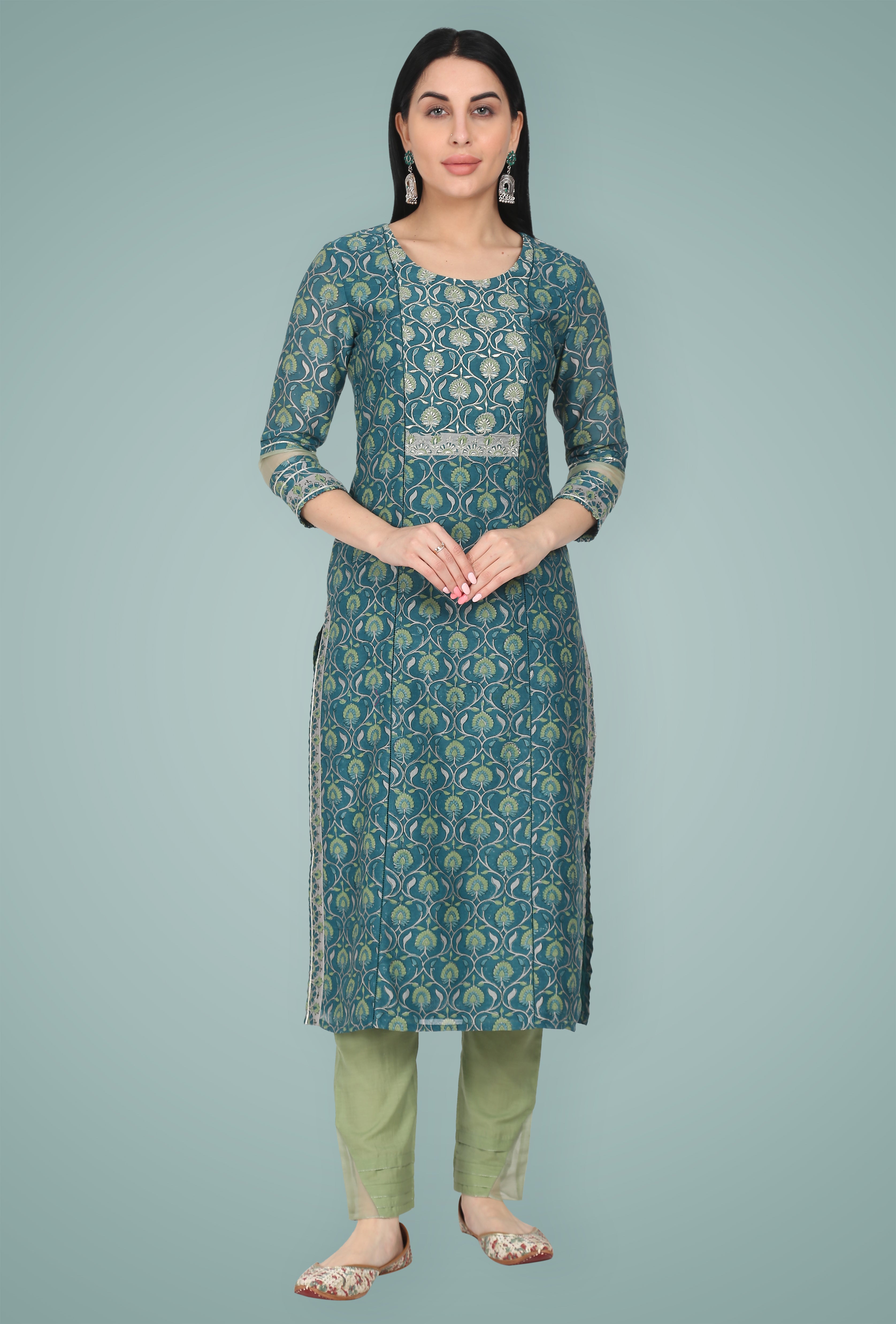 Turquoise Green Silk Chanderi Embroidered Suit Set