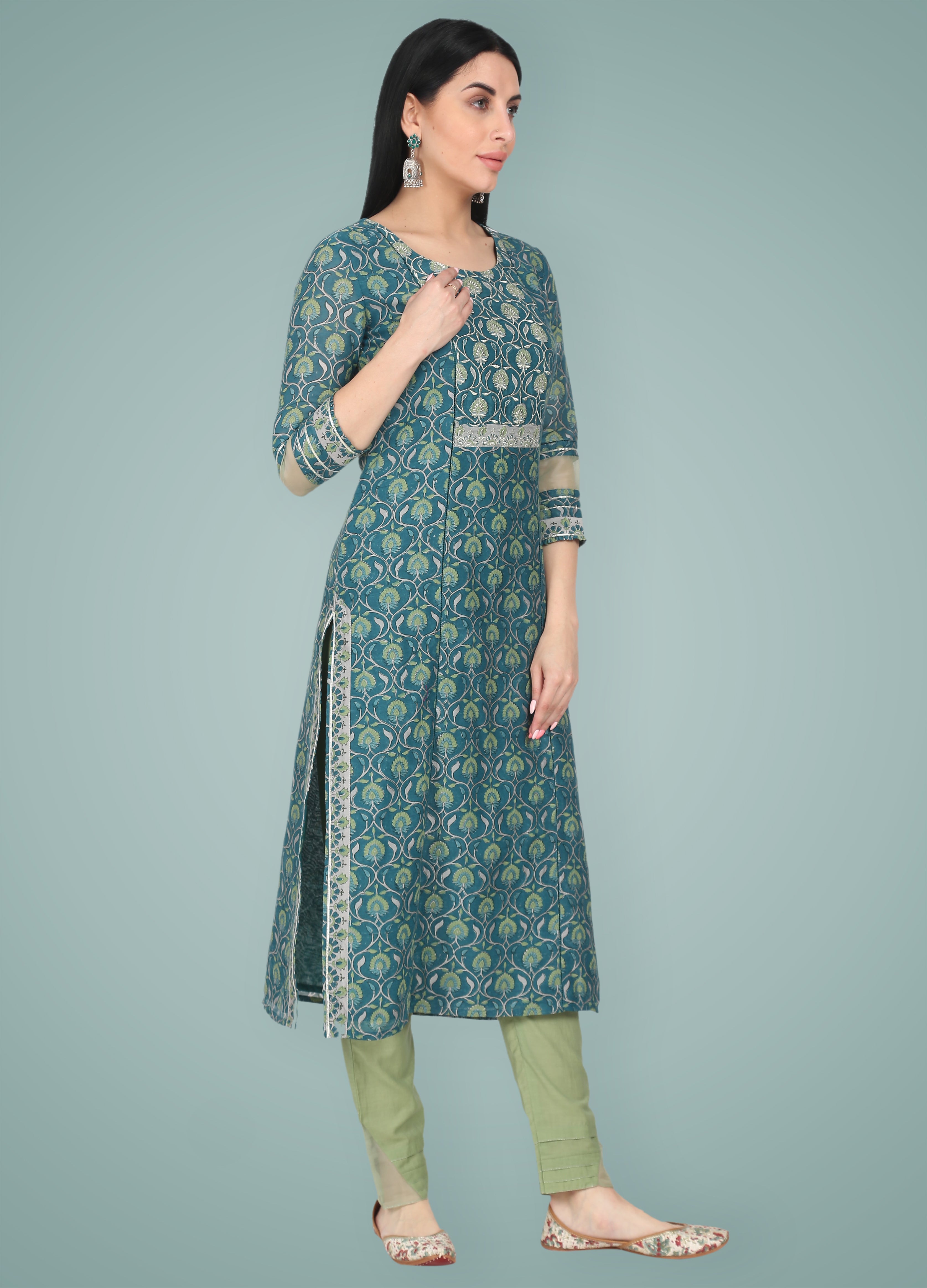Turquoise Green Silk Chanderi Embroidered Suit Set