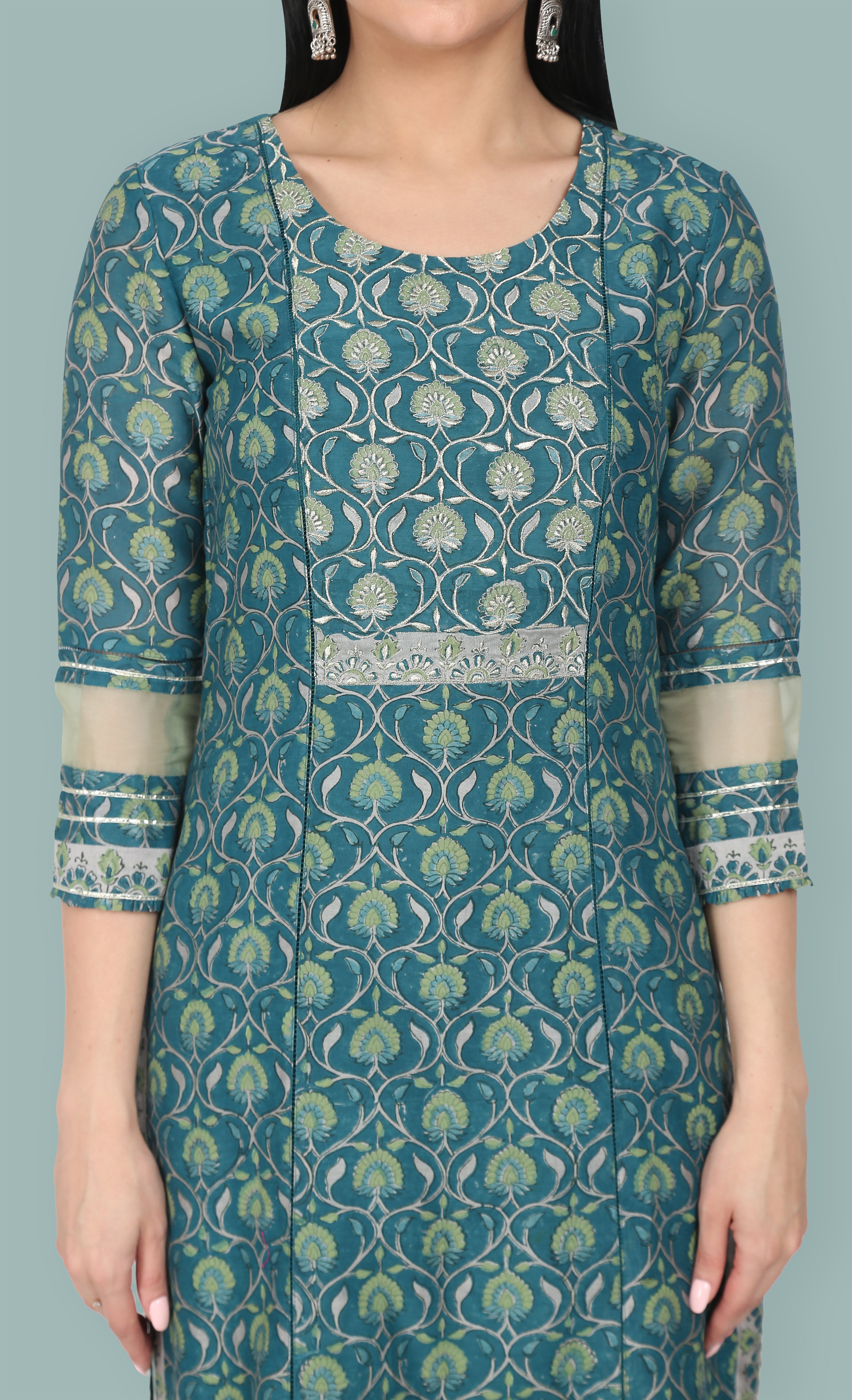 Turquoise Green Silk Chanderi Embroidered Suit Set