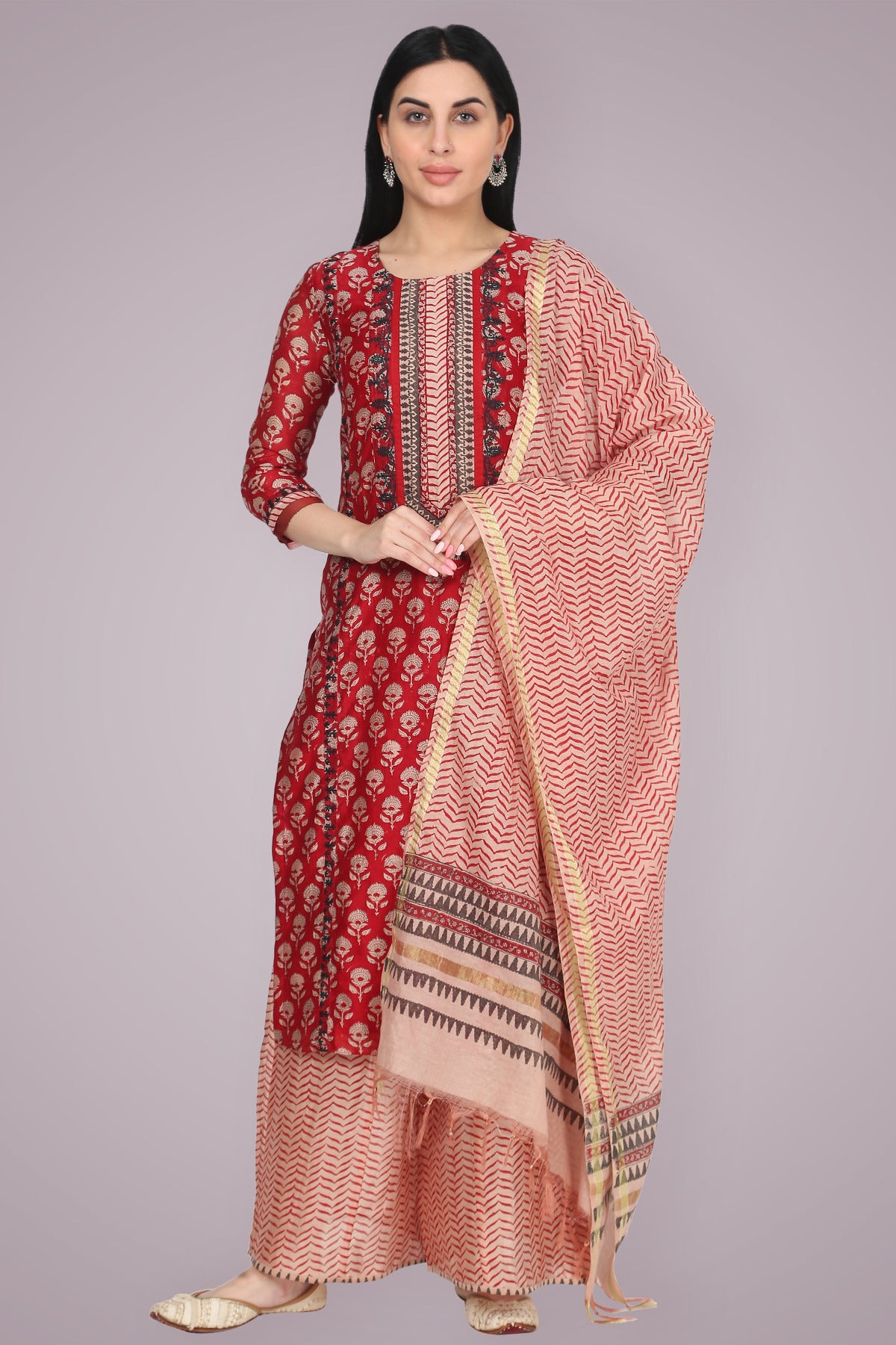 Crimson Red Silk Chanderi Embroidered Suit Set