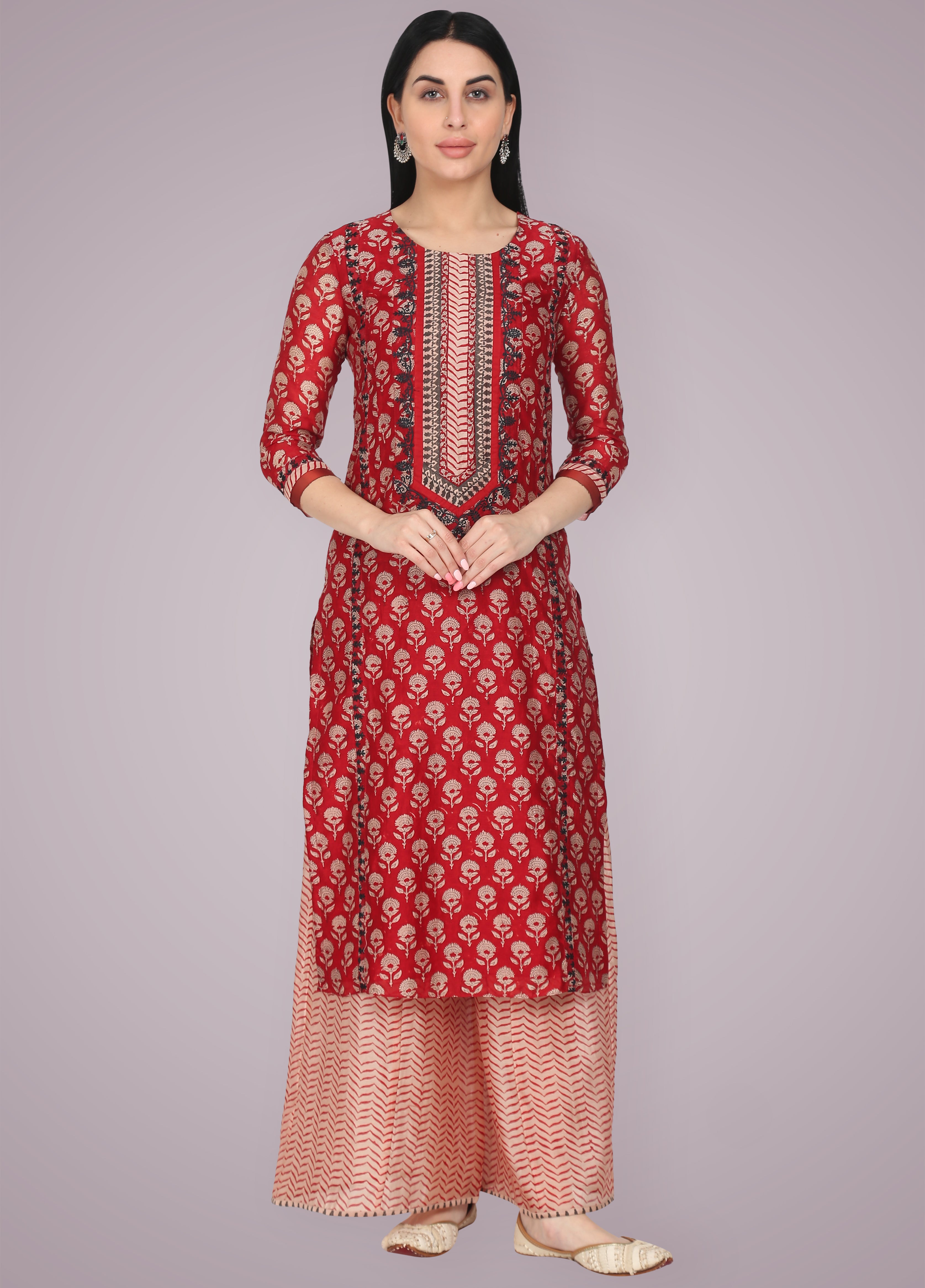 Crimson Red Silk Chanderi Embroidered Suit Set
