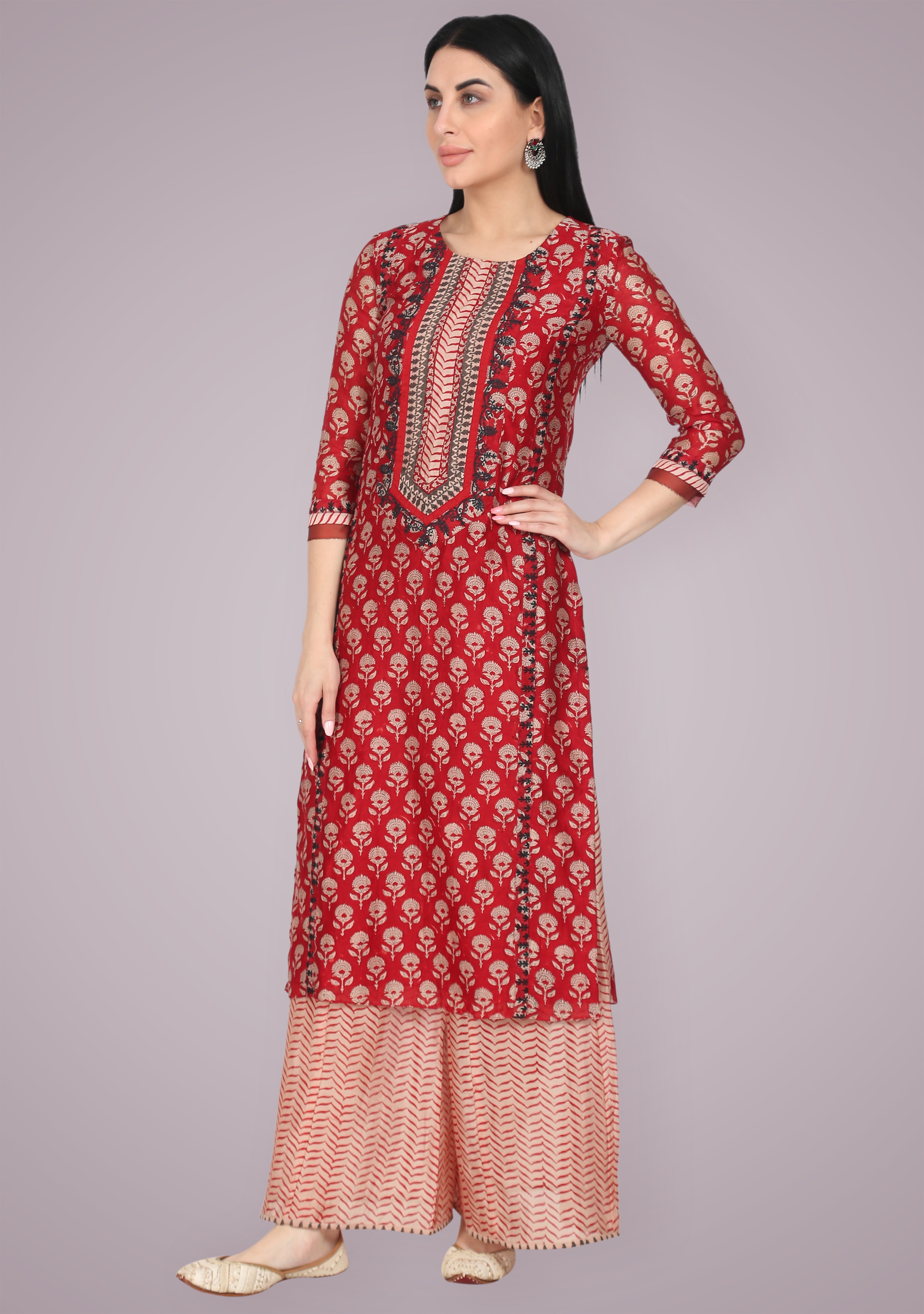 Crimson Red Silk Chanderi Embroidered Suit Set
