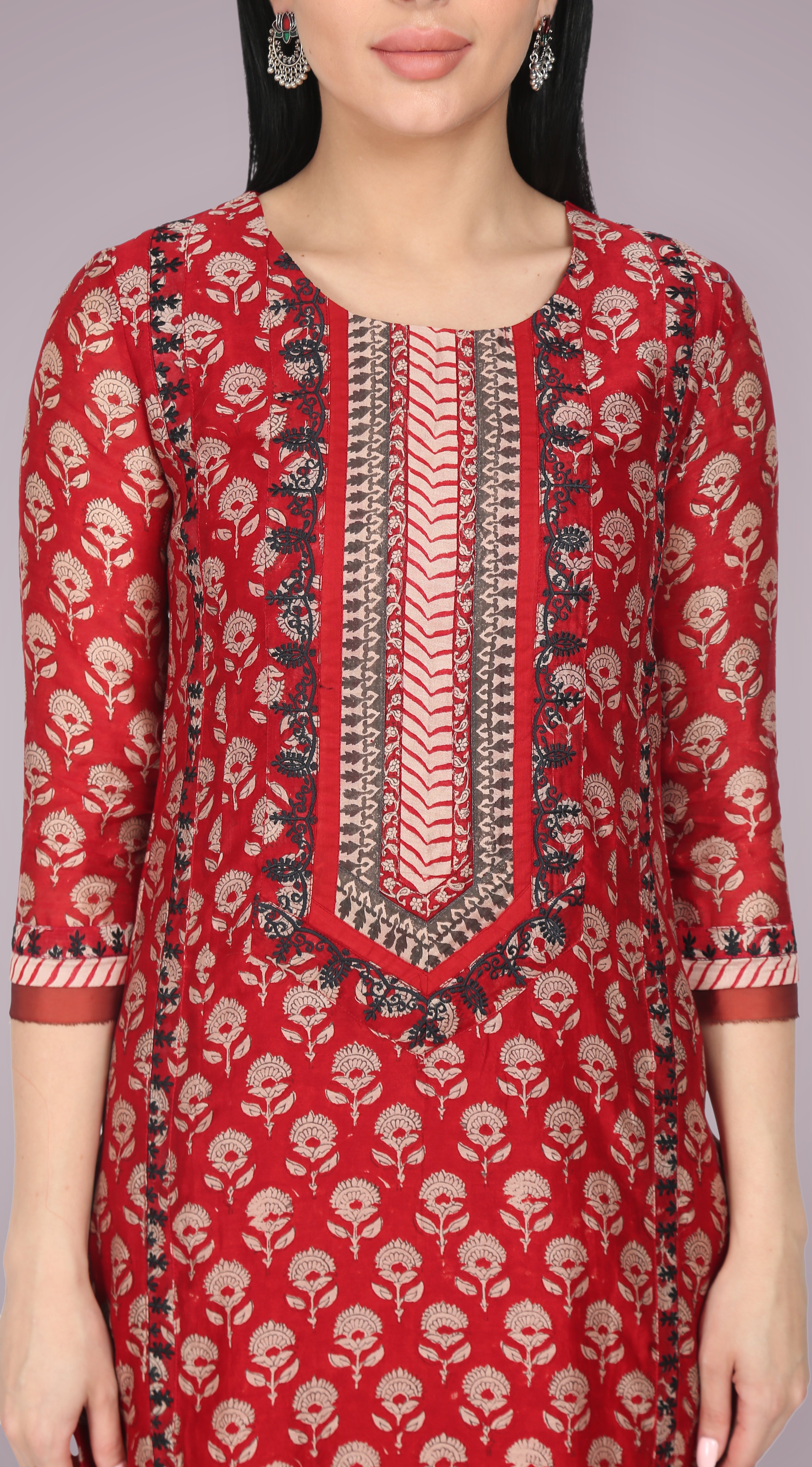 Crimson Red Silk Chanderi Embroidered Suit Set