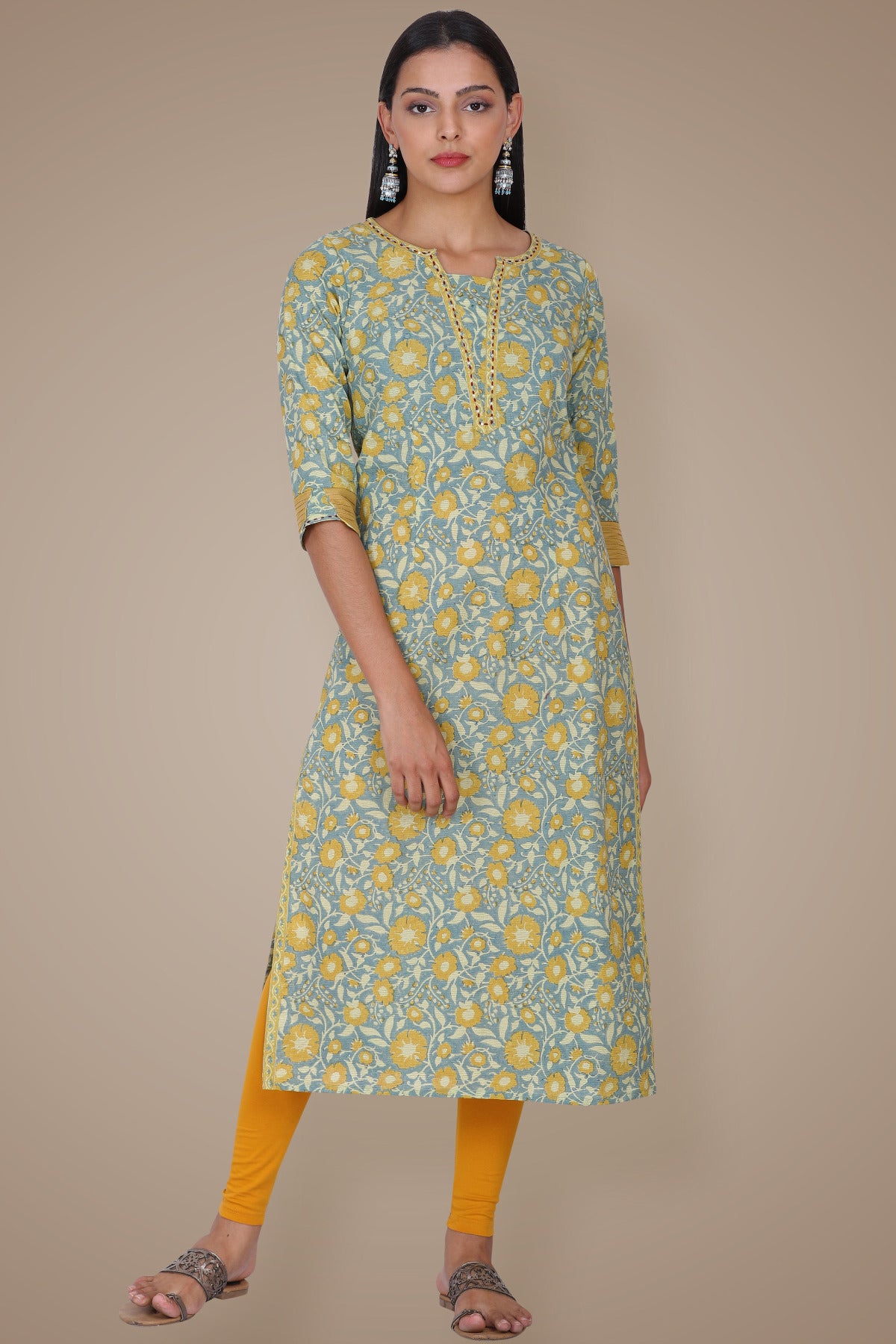 Yellow Texture Hand Block Printed Cotton Kurta