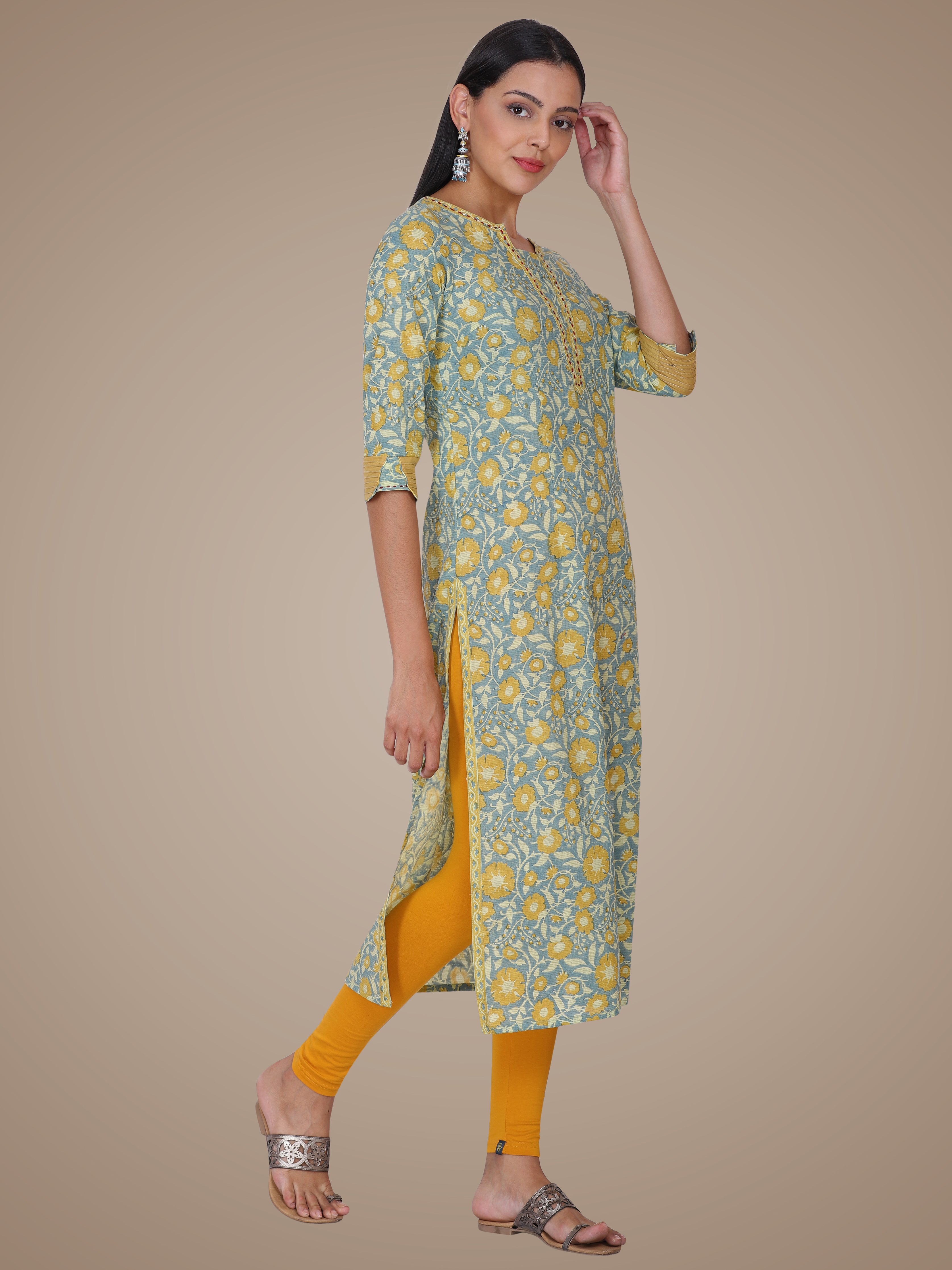 Yellow Texture Hand Block Printed Cotton Kurta