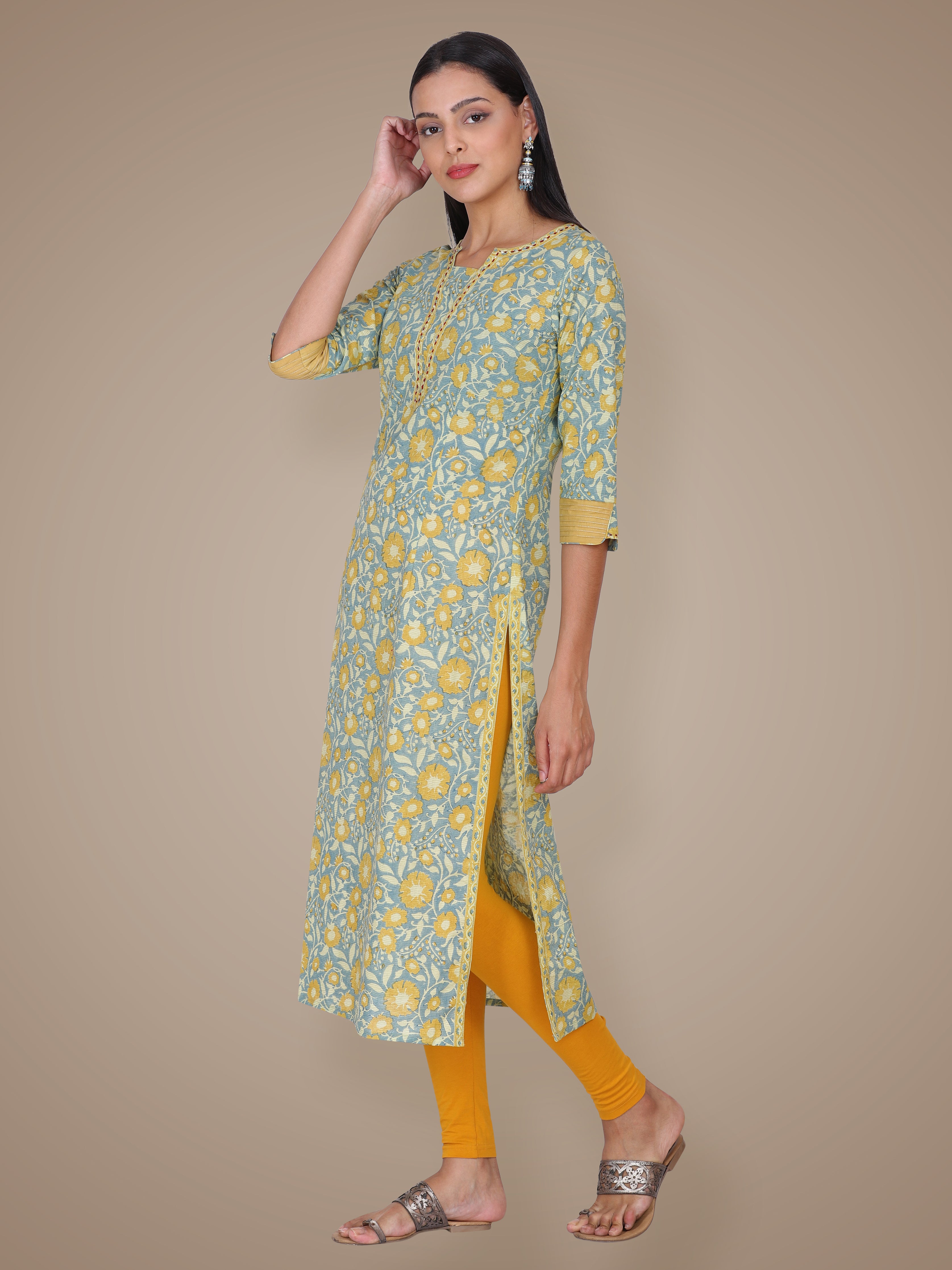 Yellow Texture Hand Block Printed Cotton Kurta