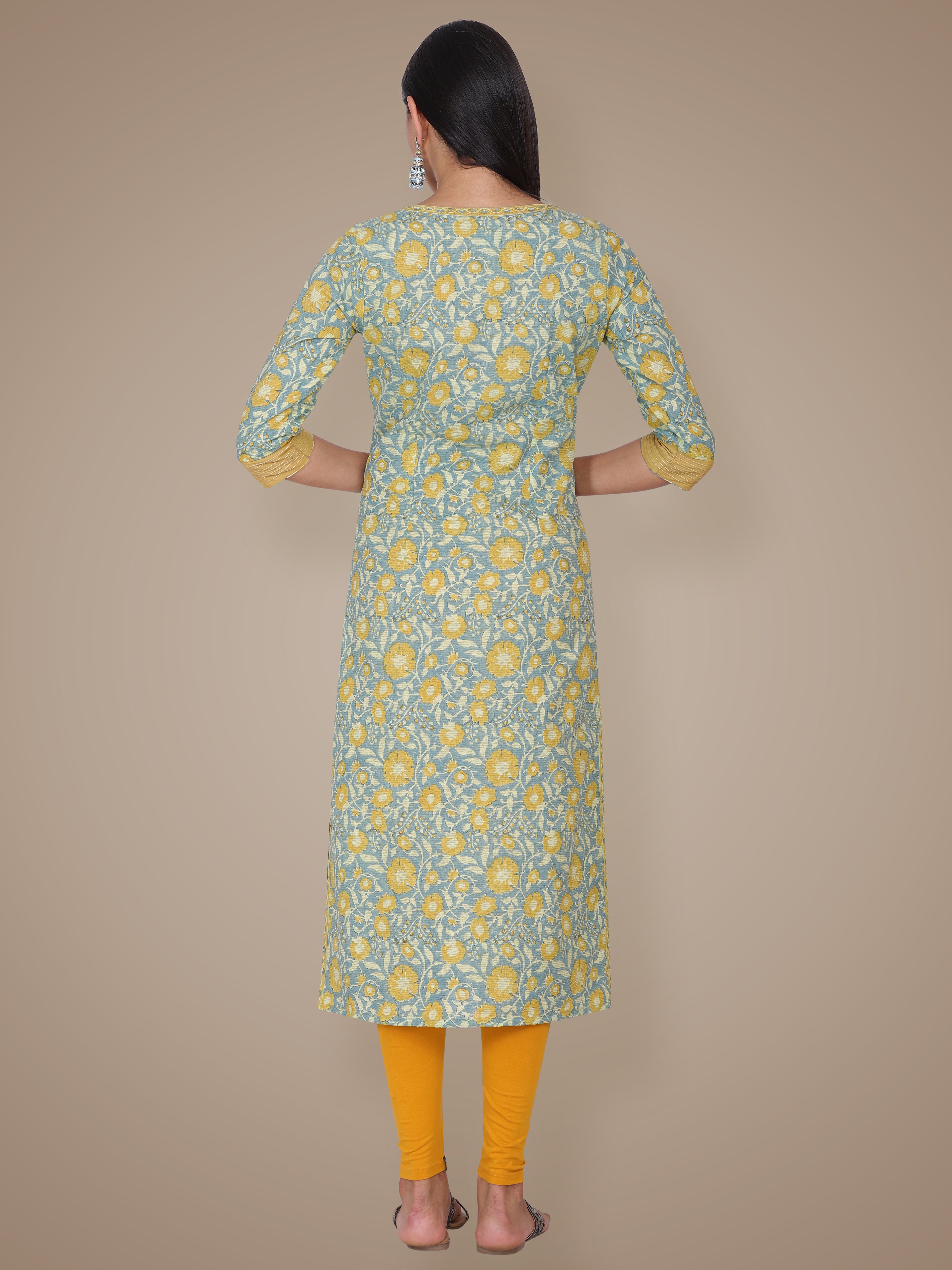 Yellow Texture Hand Block Printed Cotton Kurta