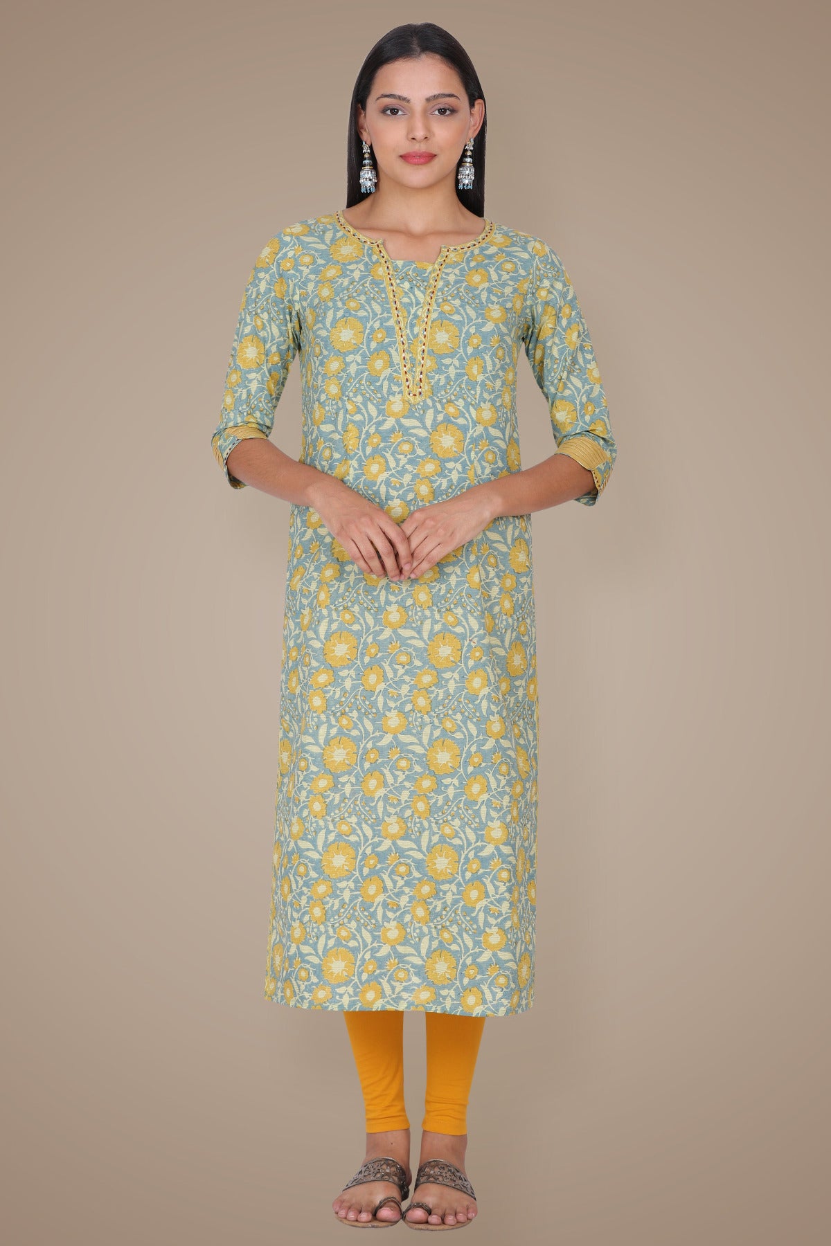 Yellow Texture Hand Block Printed Cotton Kurta