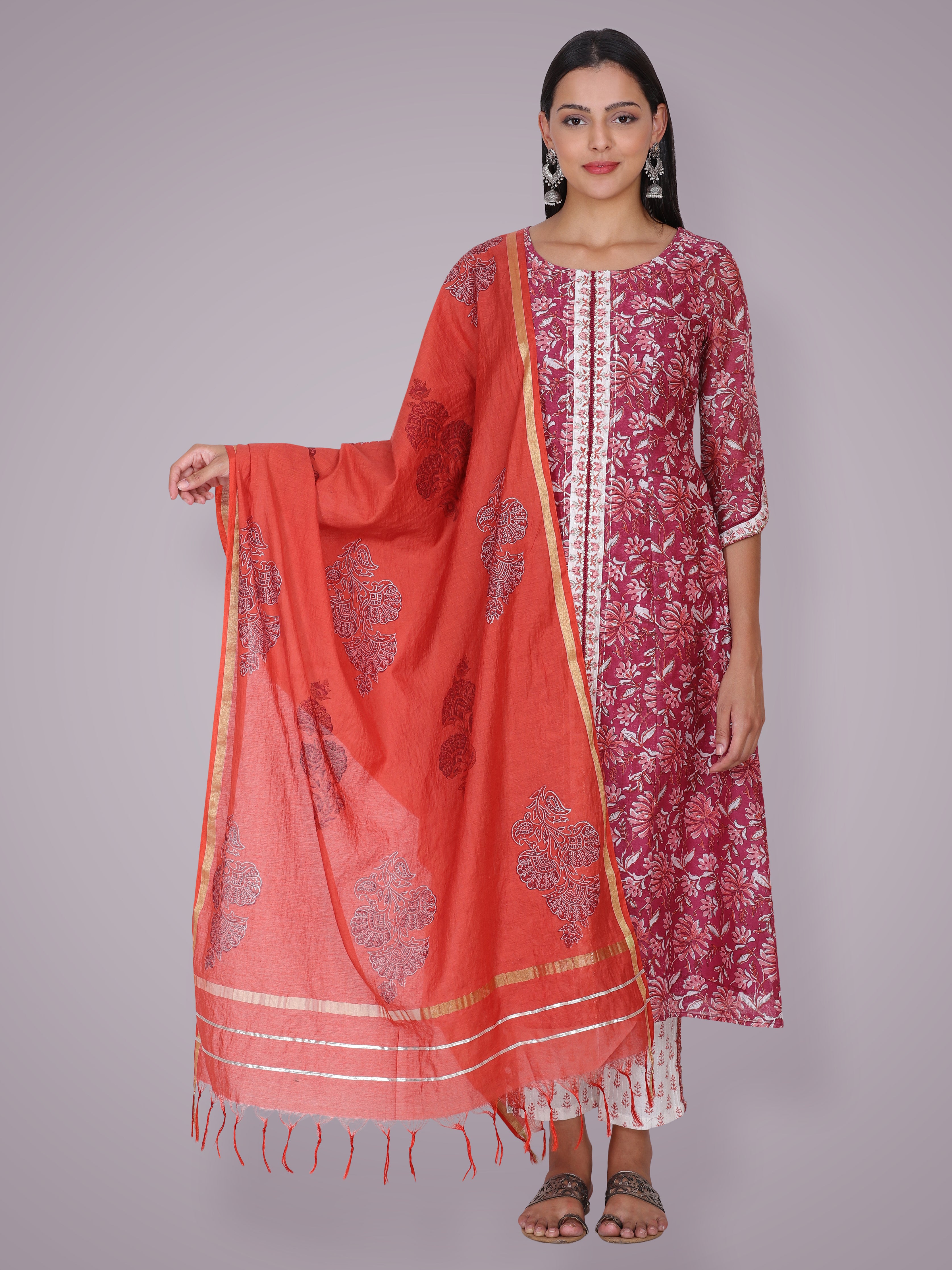Magenta Pink Chanderi Silk Block Printed & Hand Embroidered Suit Set
