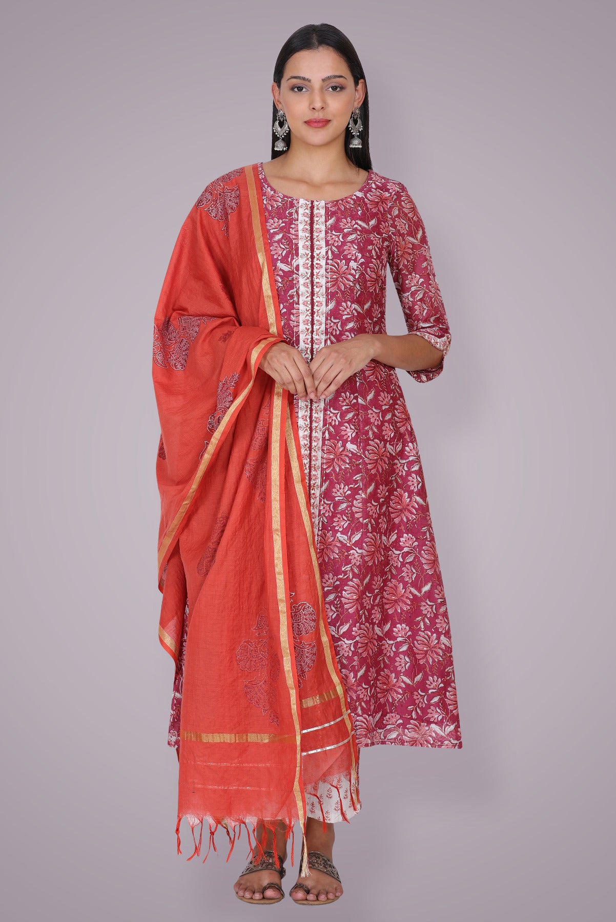 Magenta Pink Chanderi Silk Block Printed & Hand Embroidered Suit Set