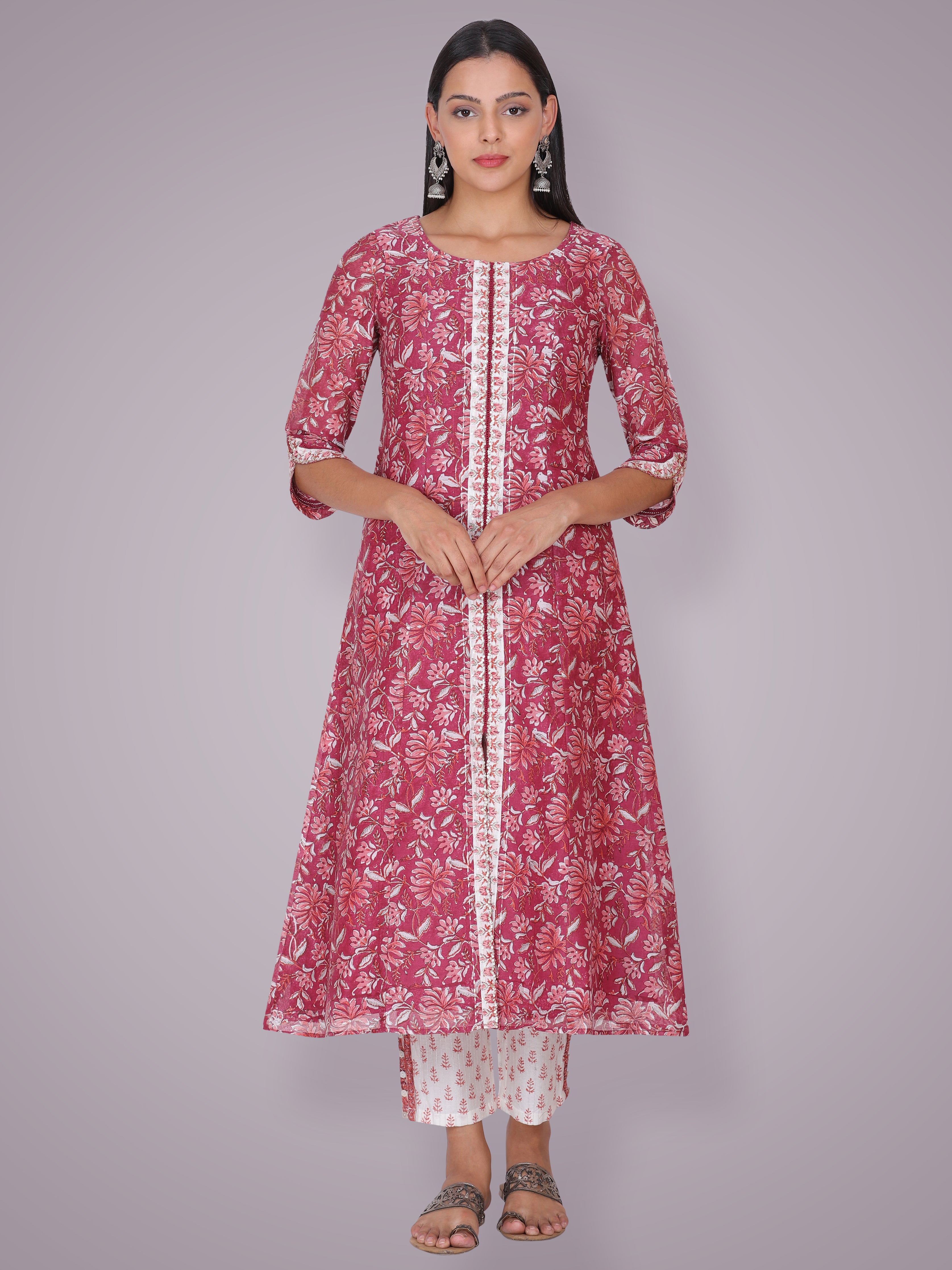Magenta Pink Chanderi Silk Block Printed & Hand Embroidered Suit Set