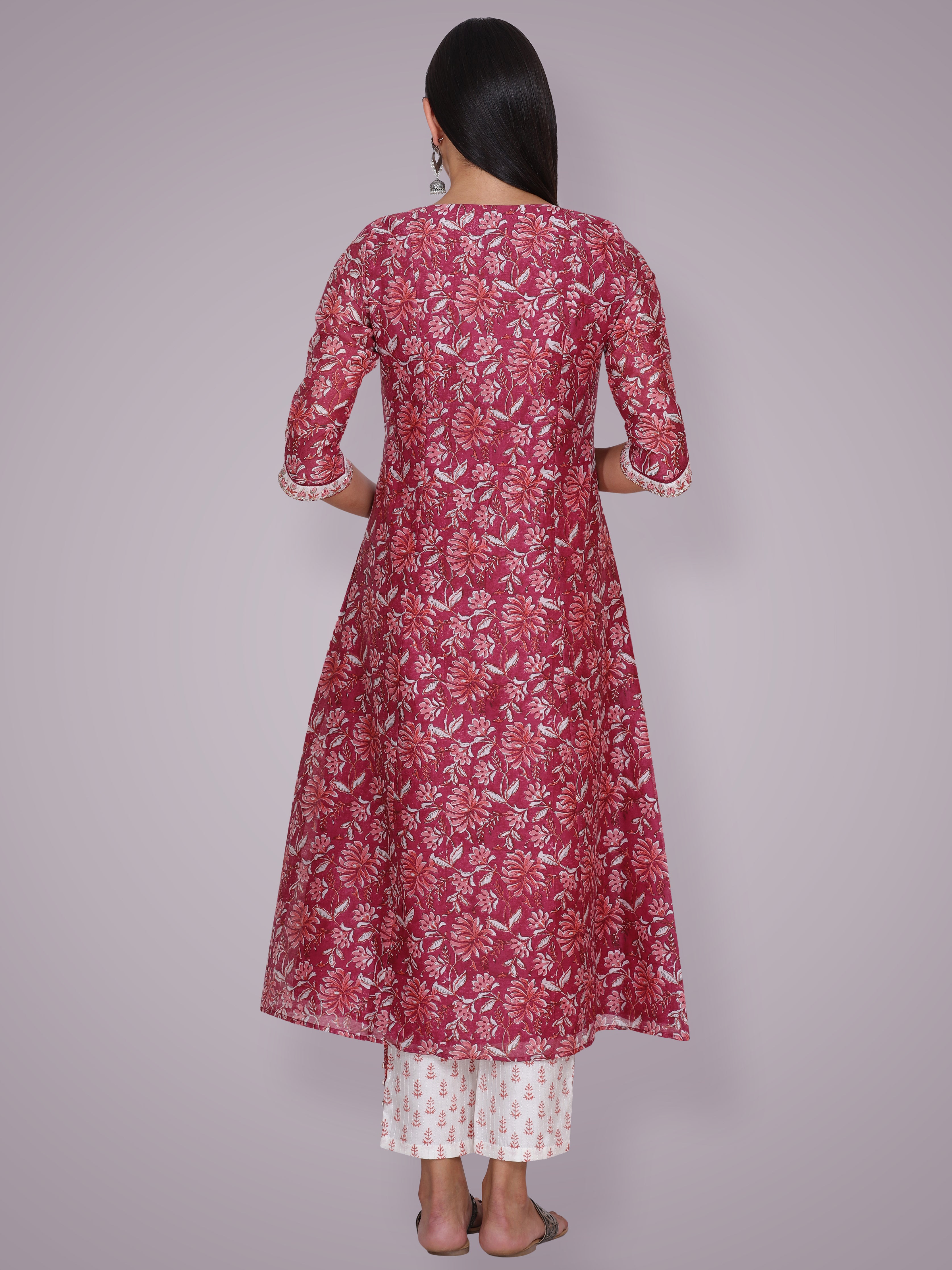 Magenta Pink Chanderi Silk Block Printed & Hand Embroidered Suit Set