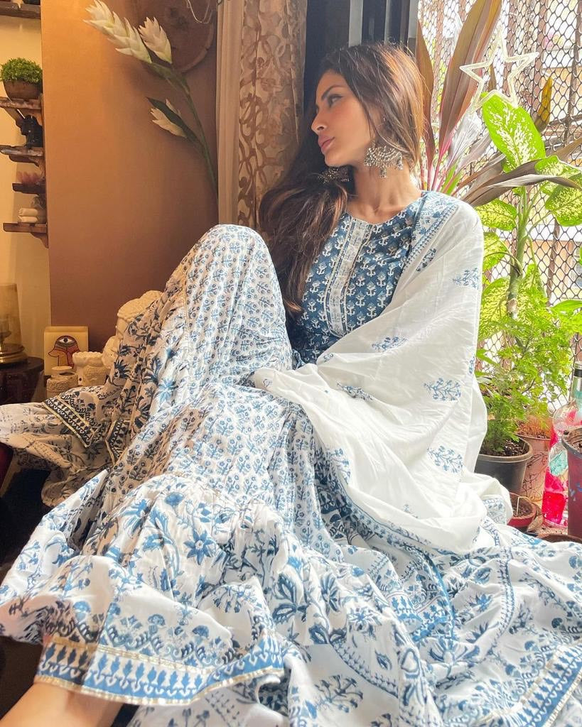 Mouni Roy in Indigo Hand Block Printed Sharara Set