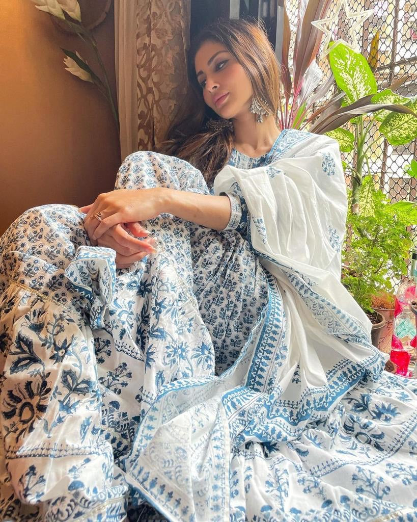 Mouni Roy in Indigo Hand Block Printed Sharara Set