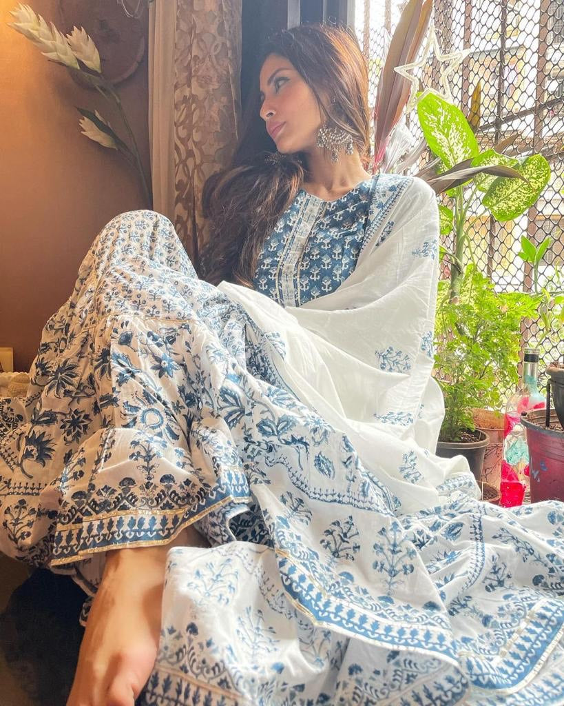 Mouni Roy in Indigo Hand Block Printed Sharara Set