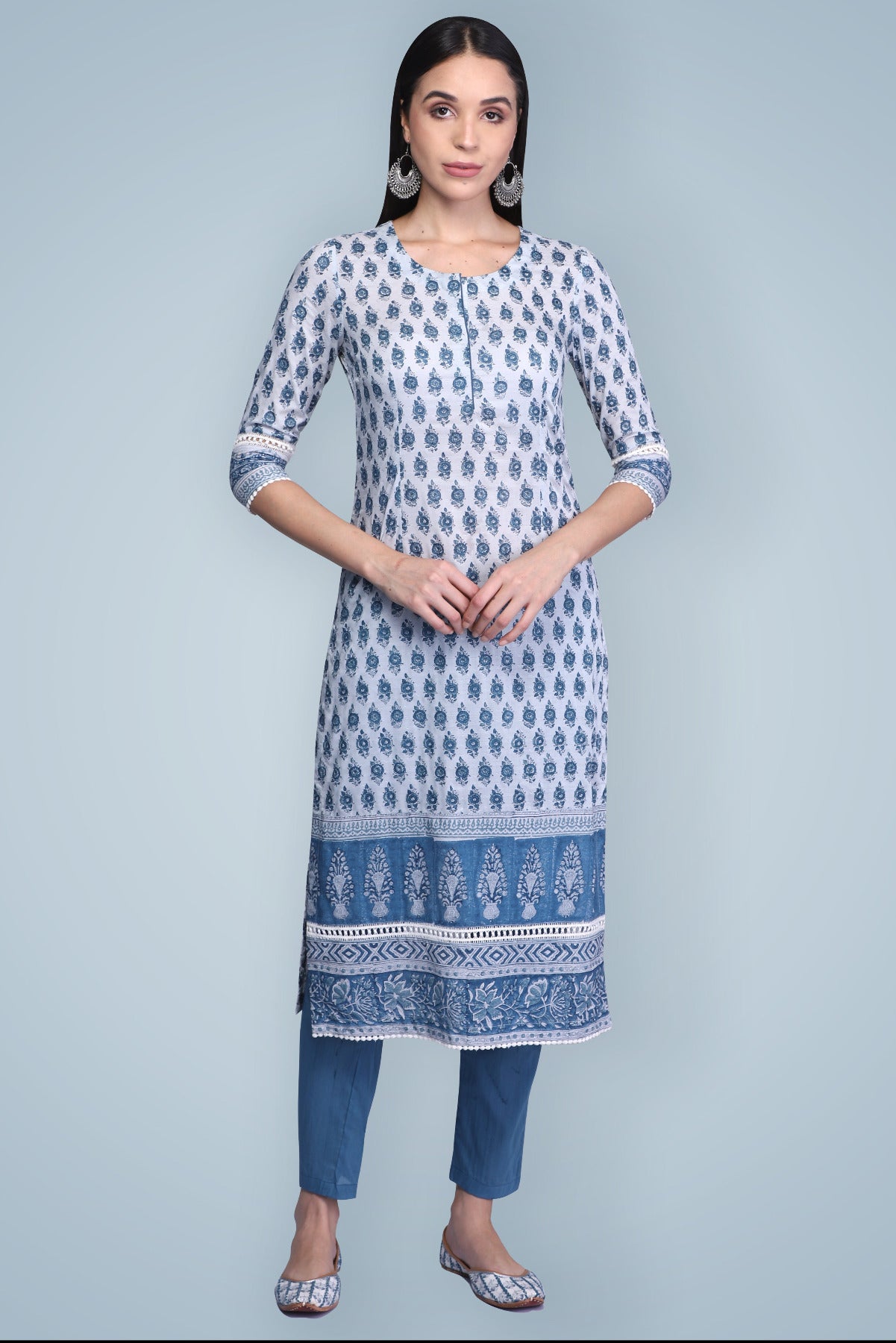 Indigo Hand Block Printed Silk Kurta