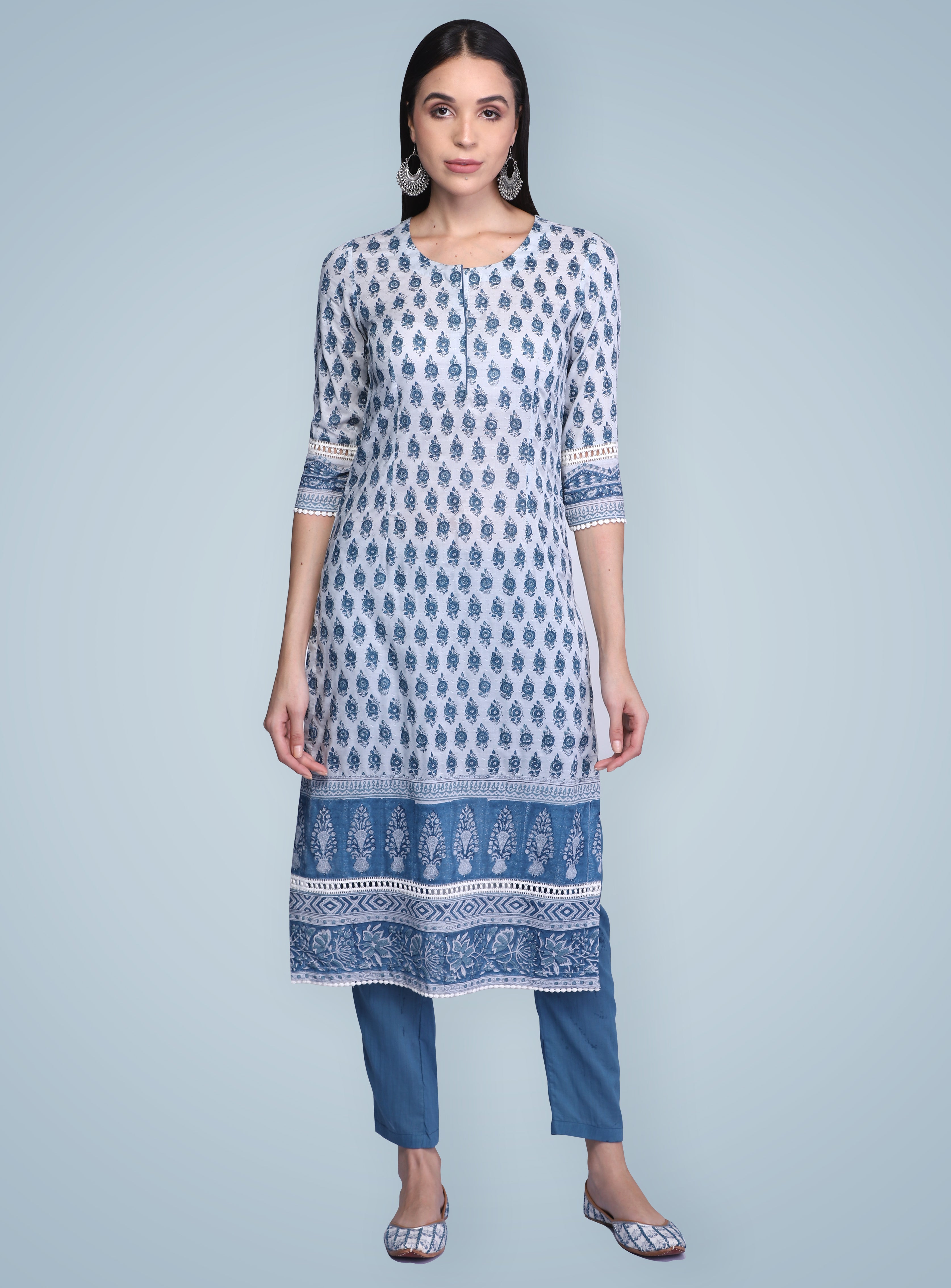 Indigo Hand Block Printed Silk Kurta