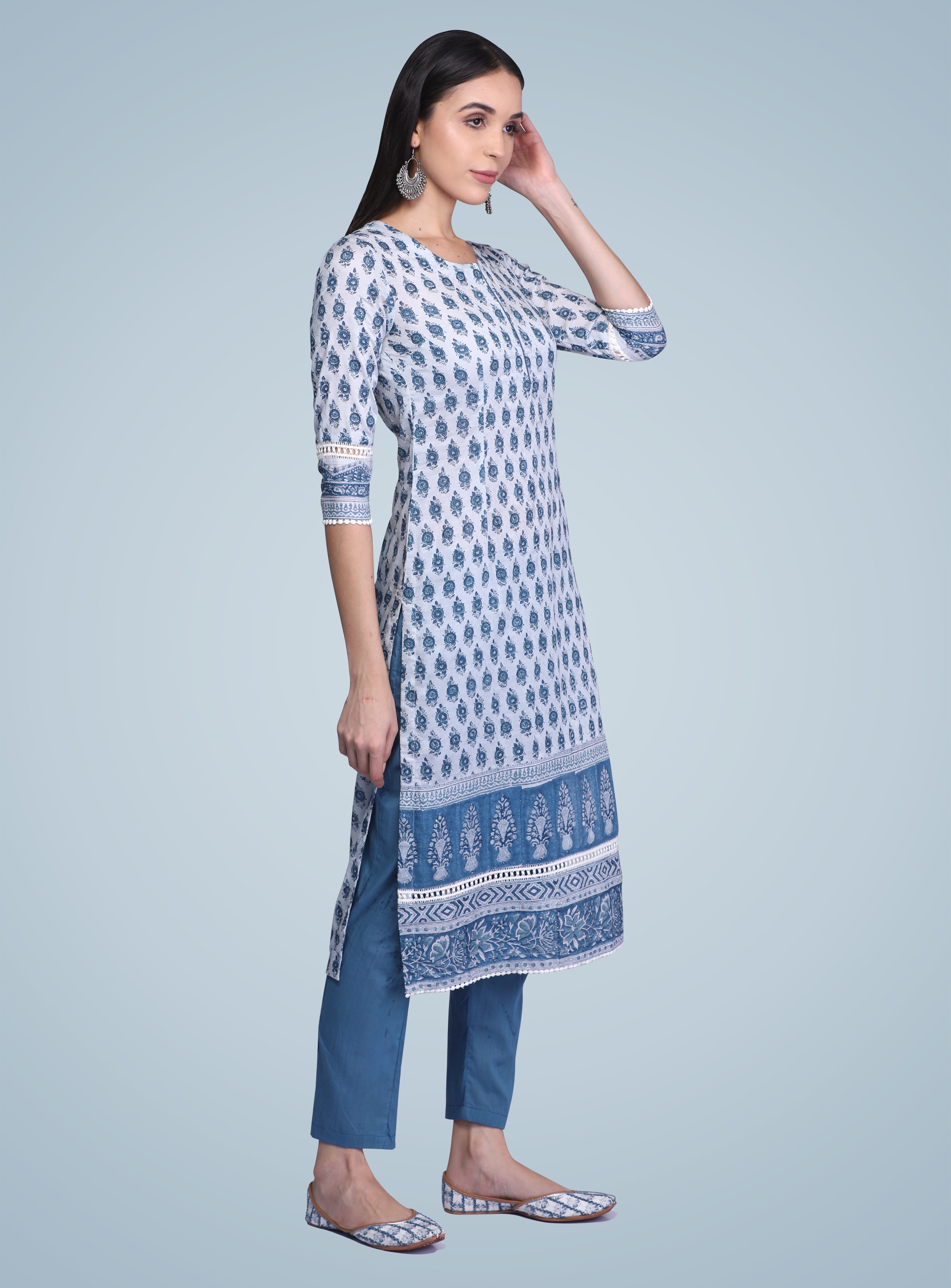 Indigo Hand Block Printed Silk Kurta