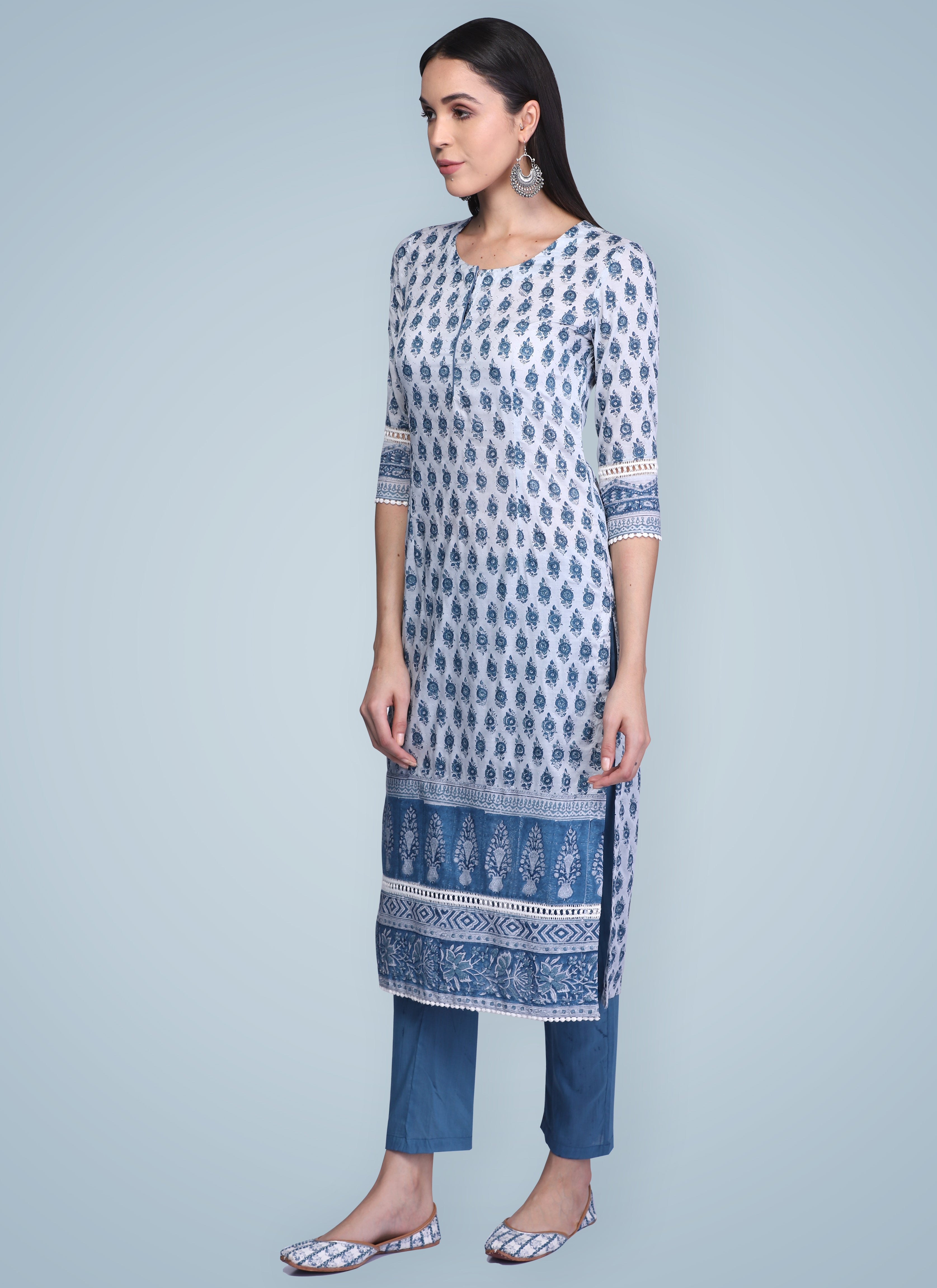 Indigo Hand Block Printed Silk Kurta
