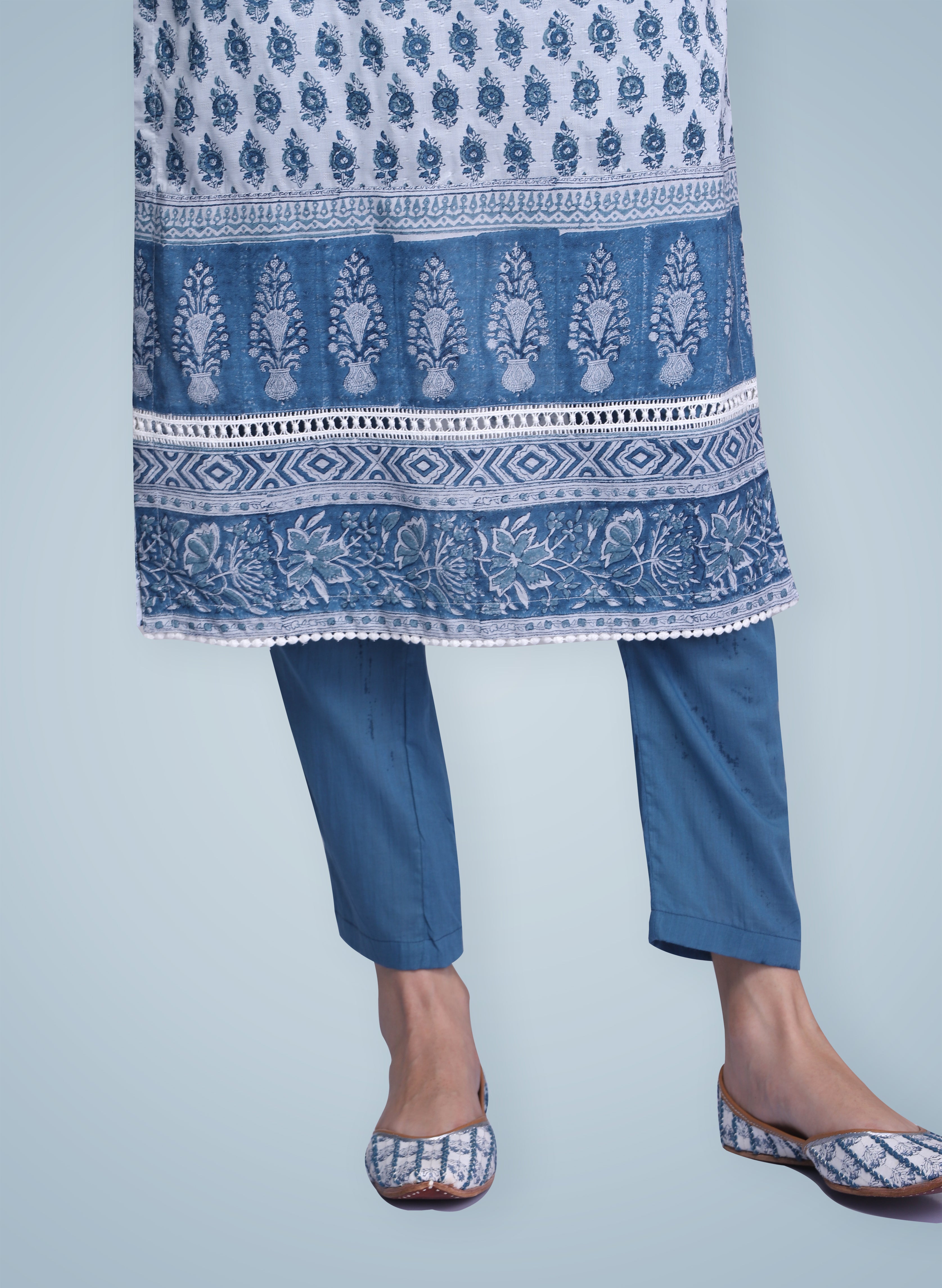 Indigo Hand Block Printed Silk Kurta