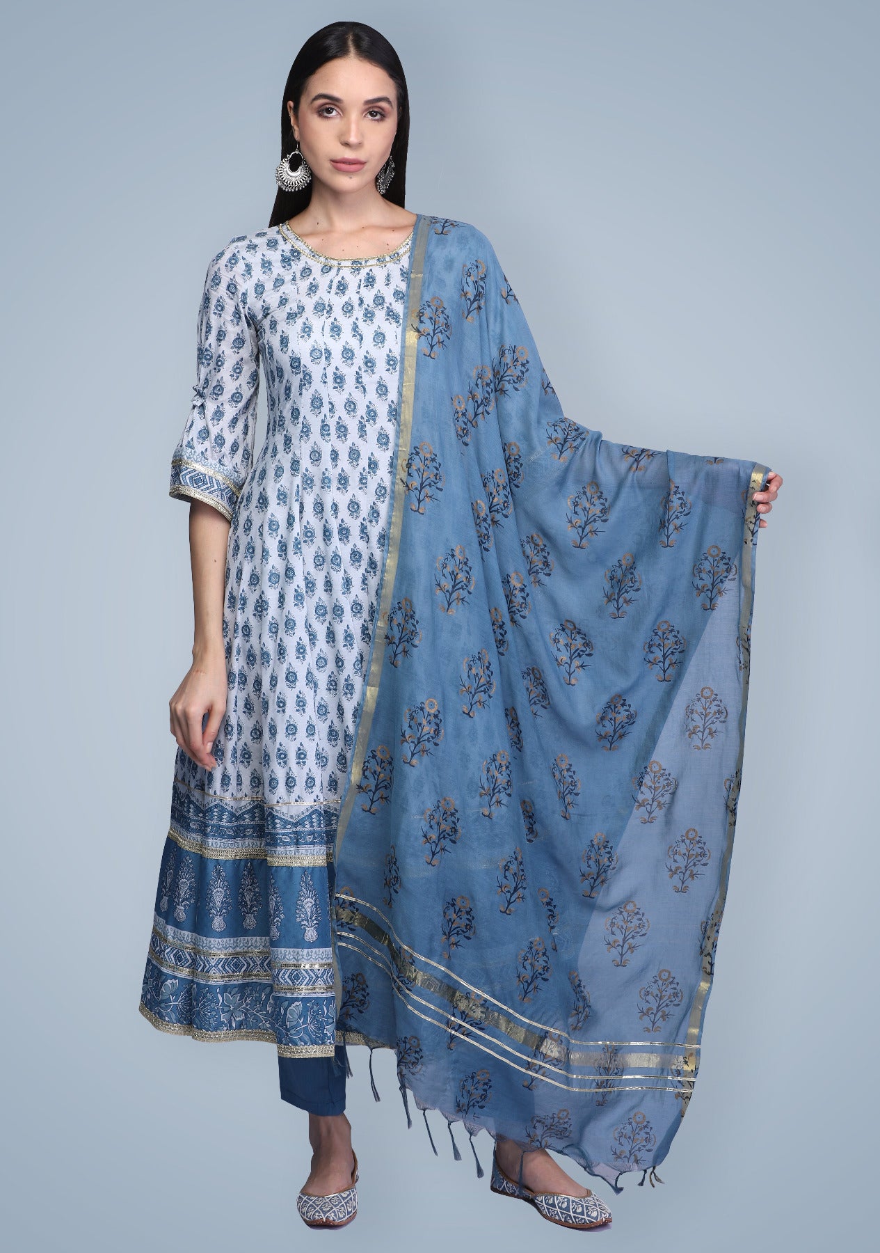 Indigo Hand Block Printed Anarkali Suit Set