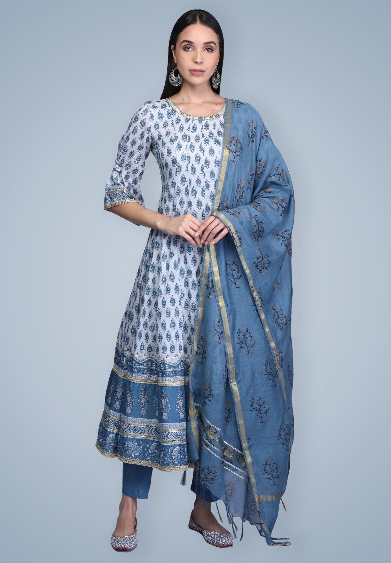 Indigo Hand Block Printed Anarkali Suit Set