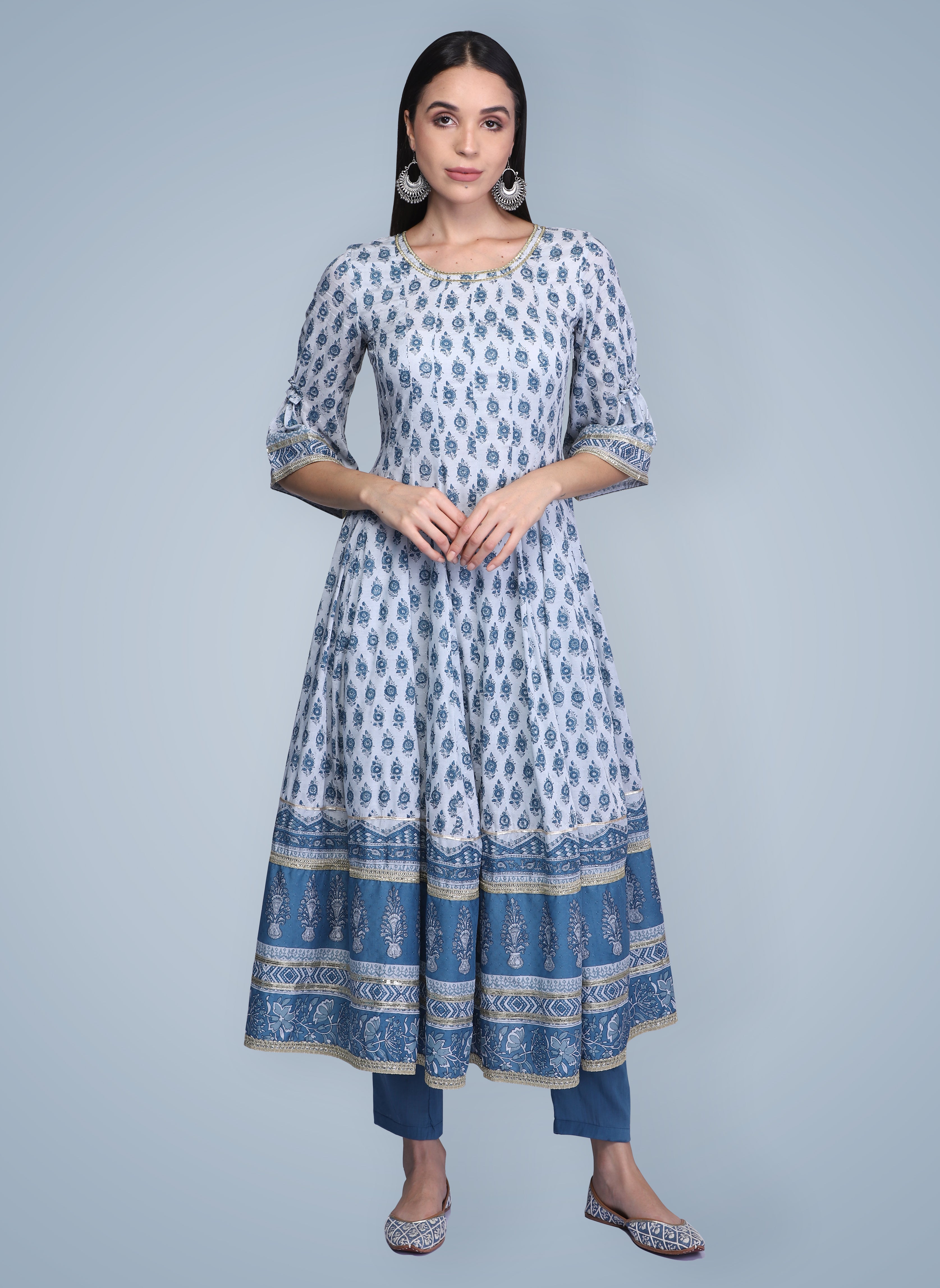Indigo Hand Block Printed Anarkali Suit Set