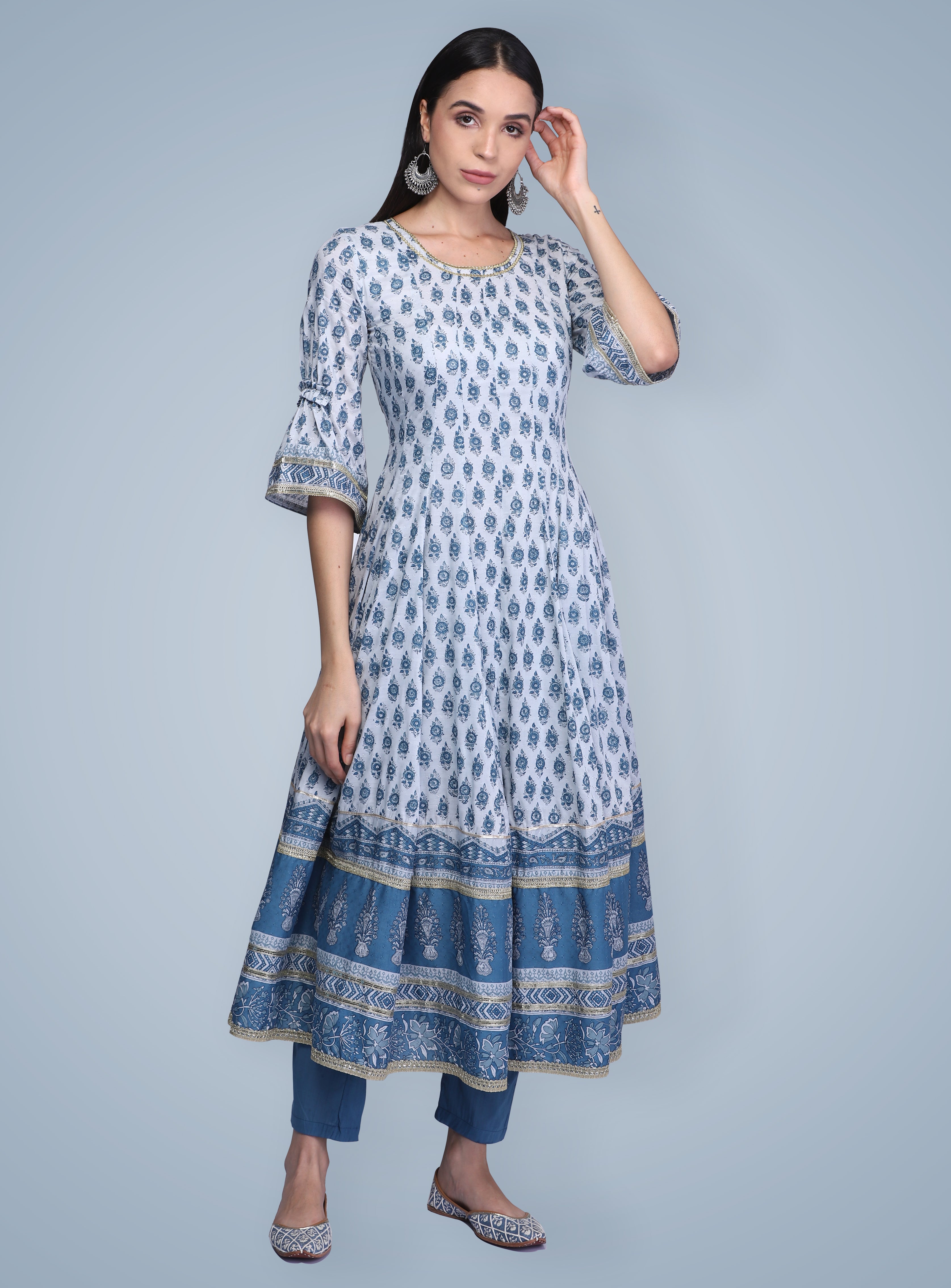 Indigo Hand Block Printed Anarkali Suit Set