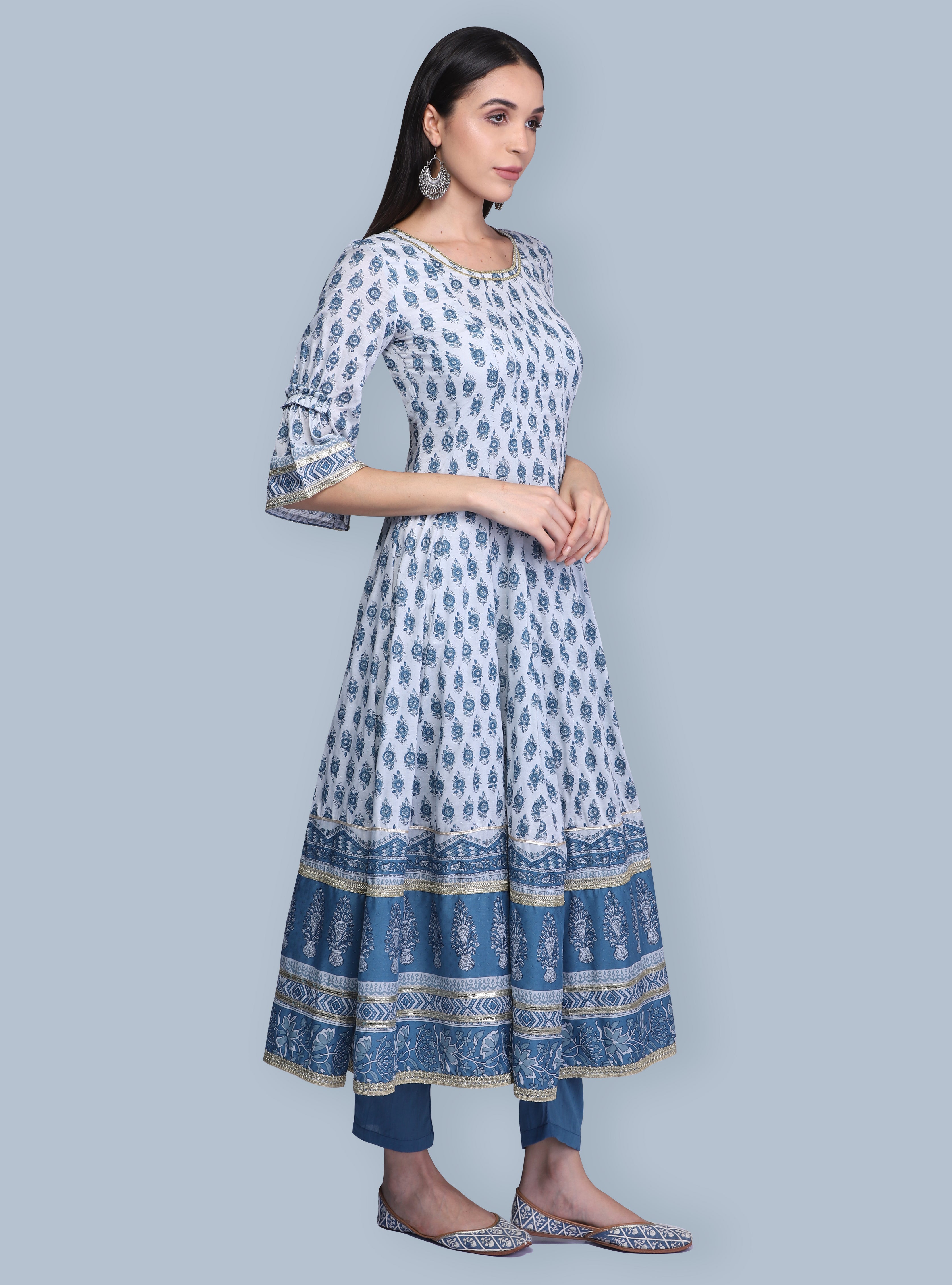 Indigo Hand Block Printed Anarkali Suit Set