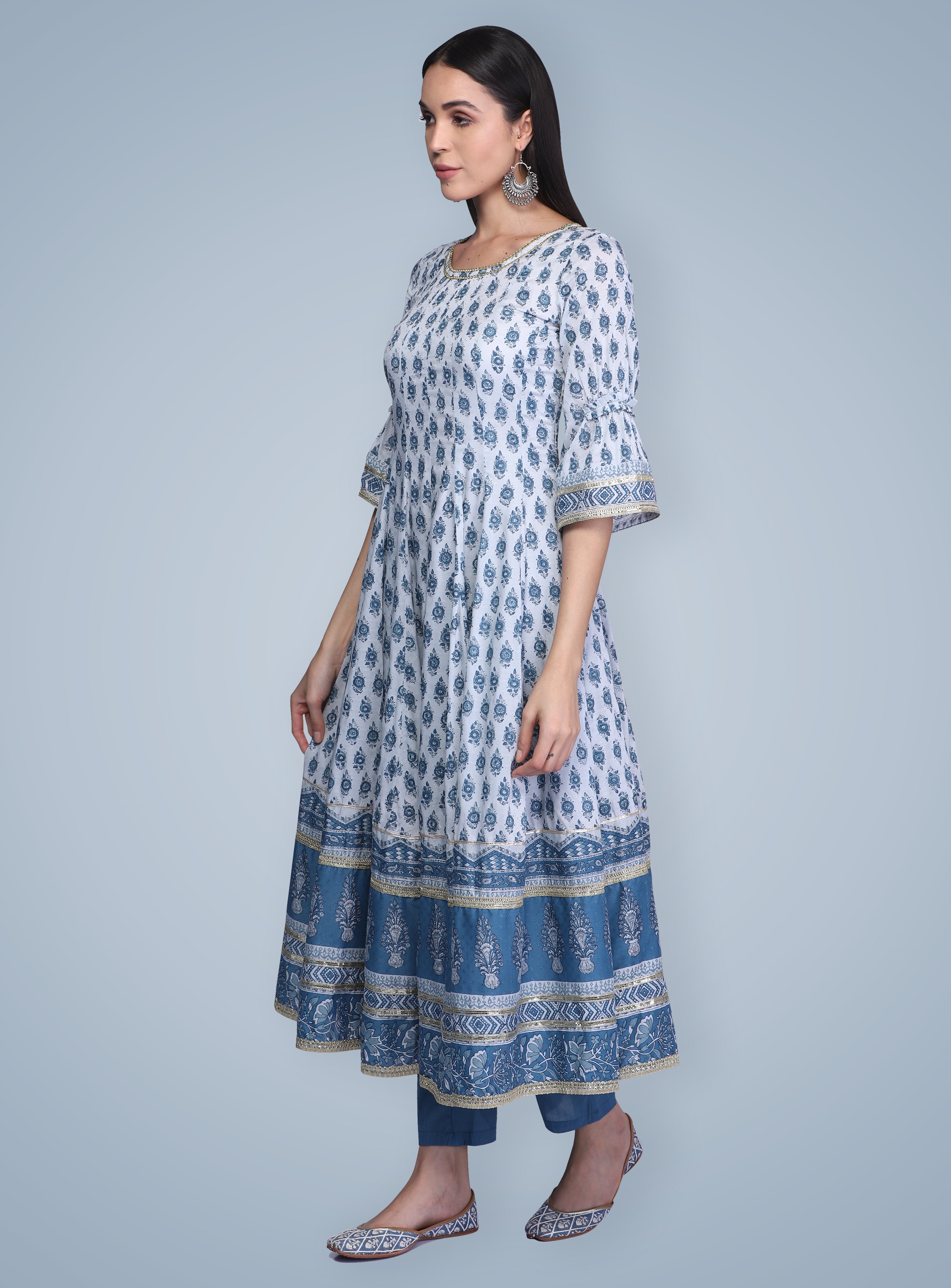 Indigo Hand Block Printed Anarkali Suit Set