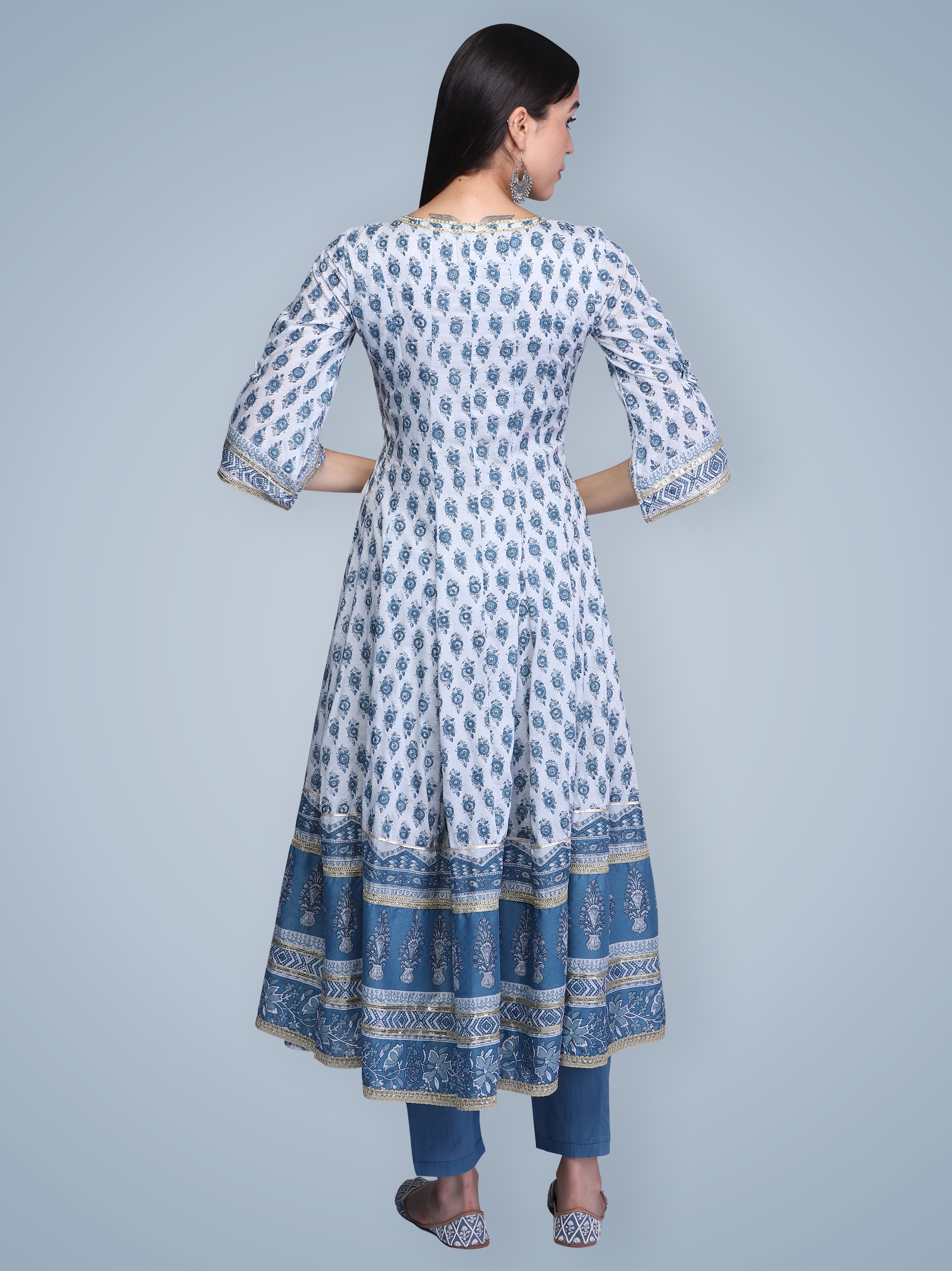 Indigo Hand Block Printed Anarkali Suit Set