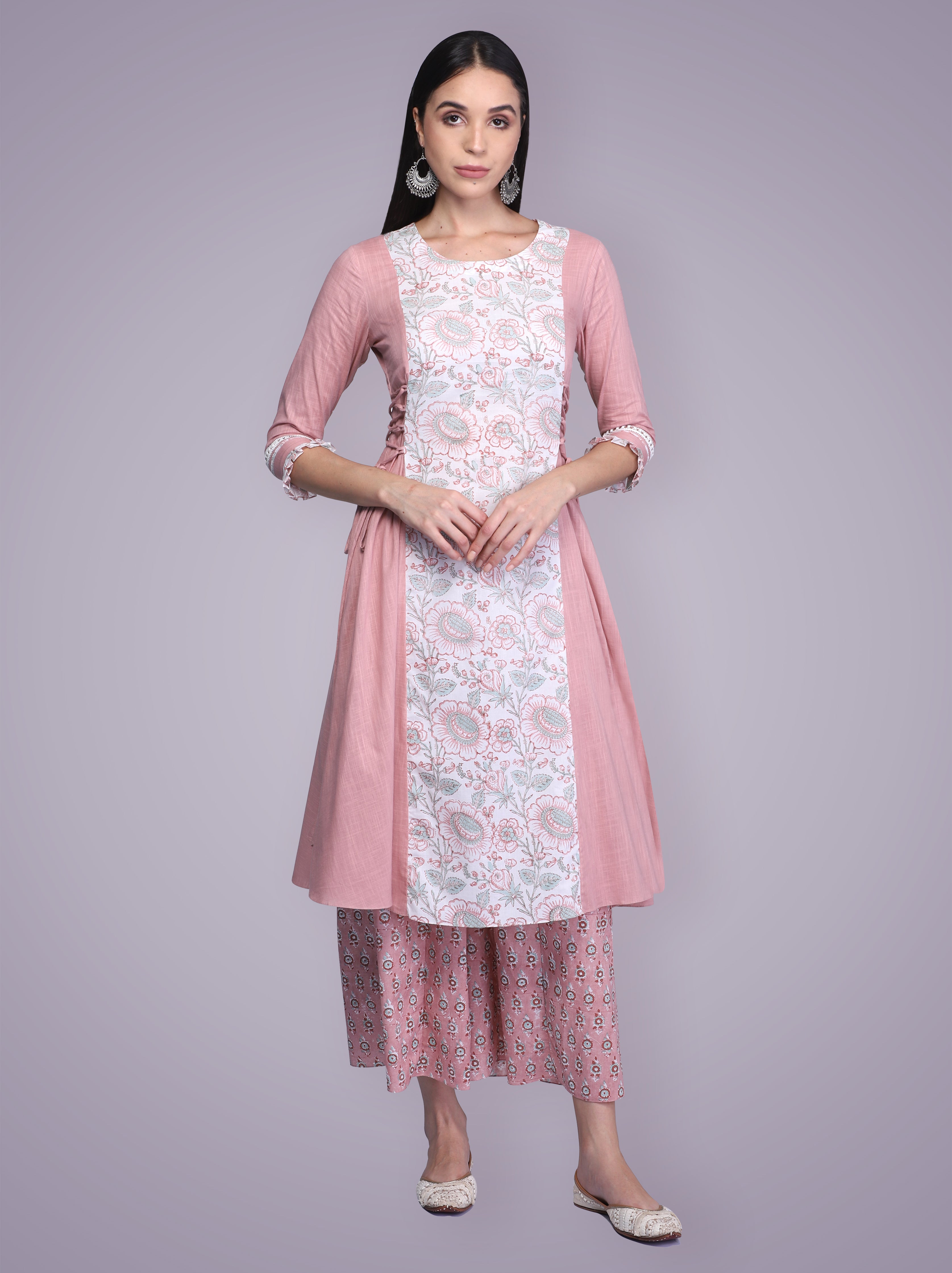 Peach floral Block Printed Lace Suit Set